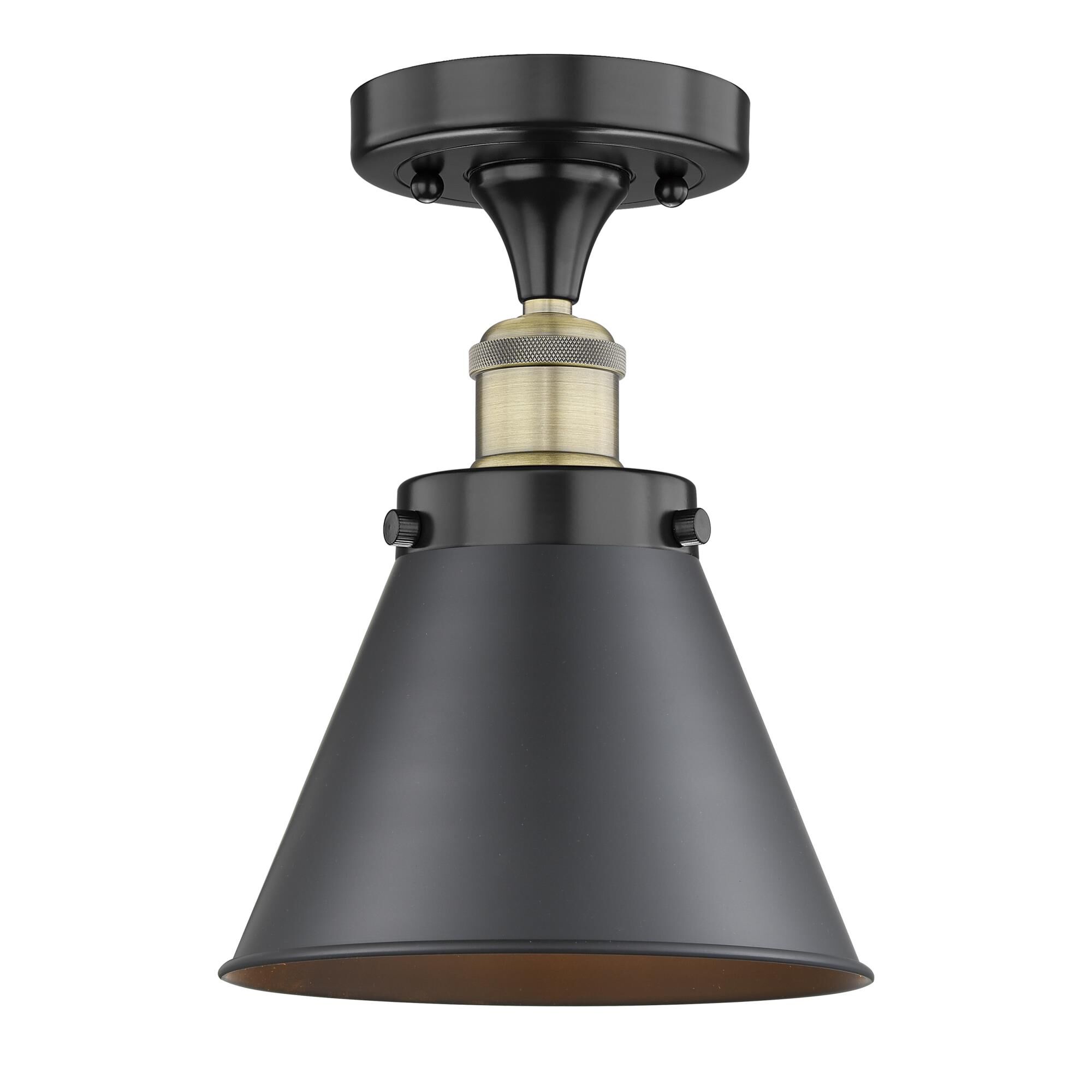 Shown in Black Antique Brass finish and Matte Black shade
