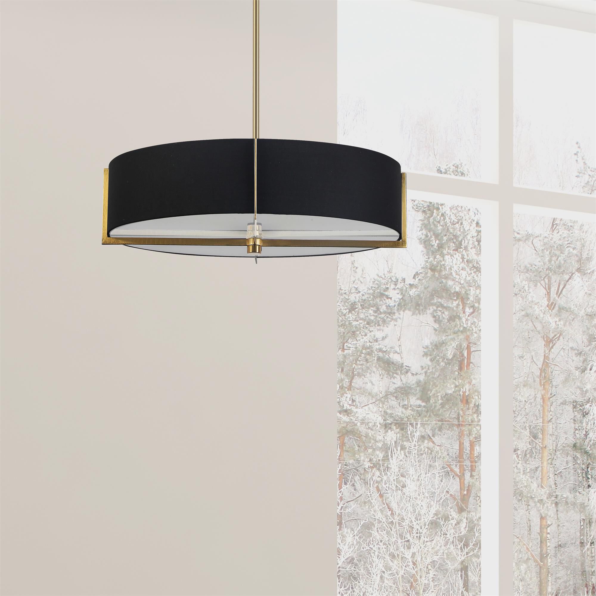 Shown in Black and Aged Brass finish and Black Fabric Drum shade