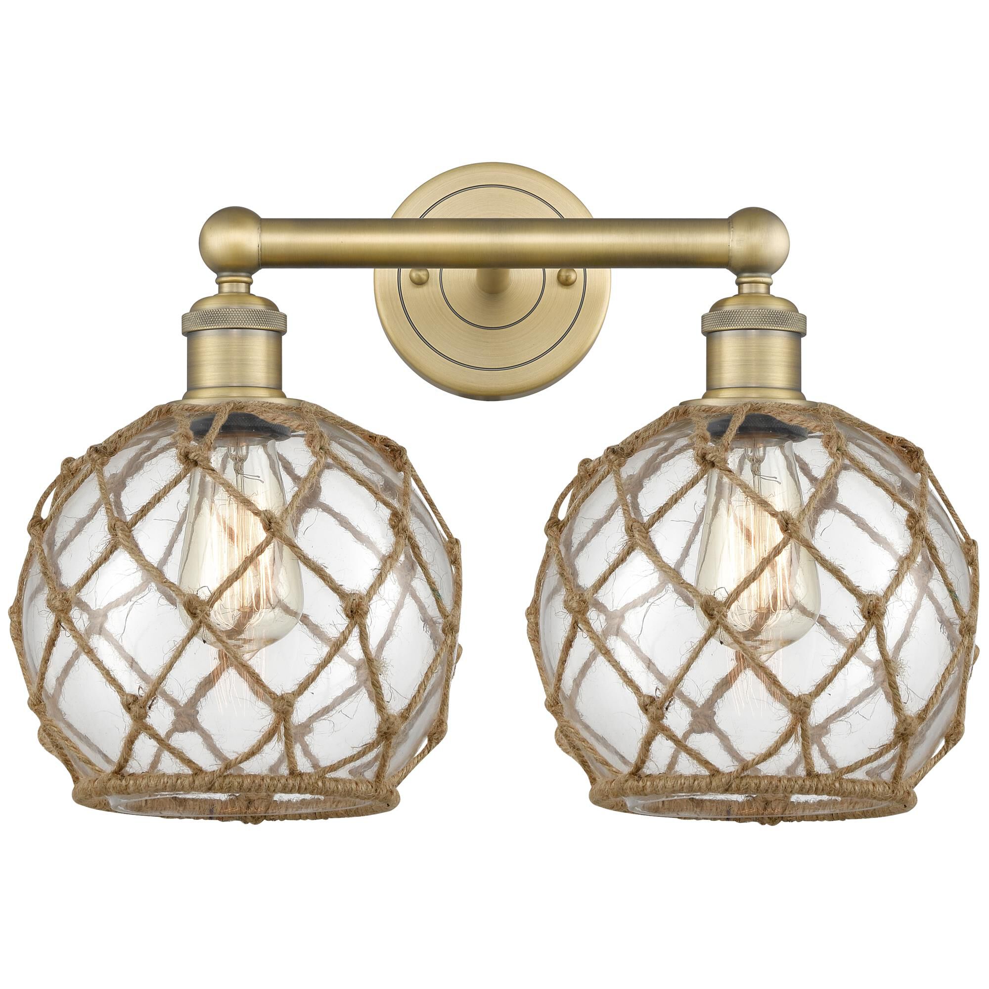 Shown in Brushed Brass finish and Clear with Brown Rope glass
