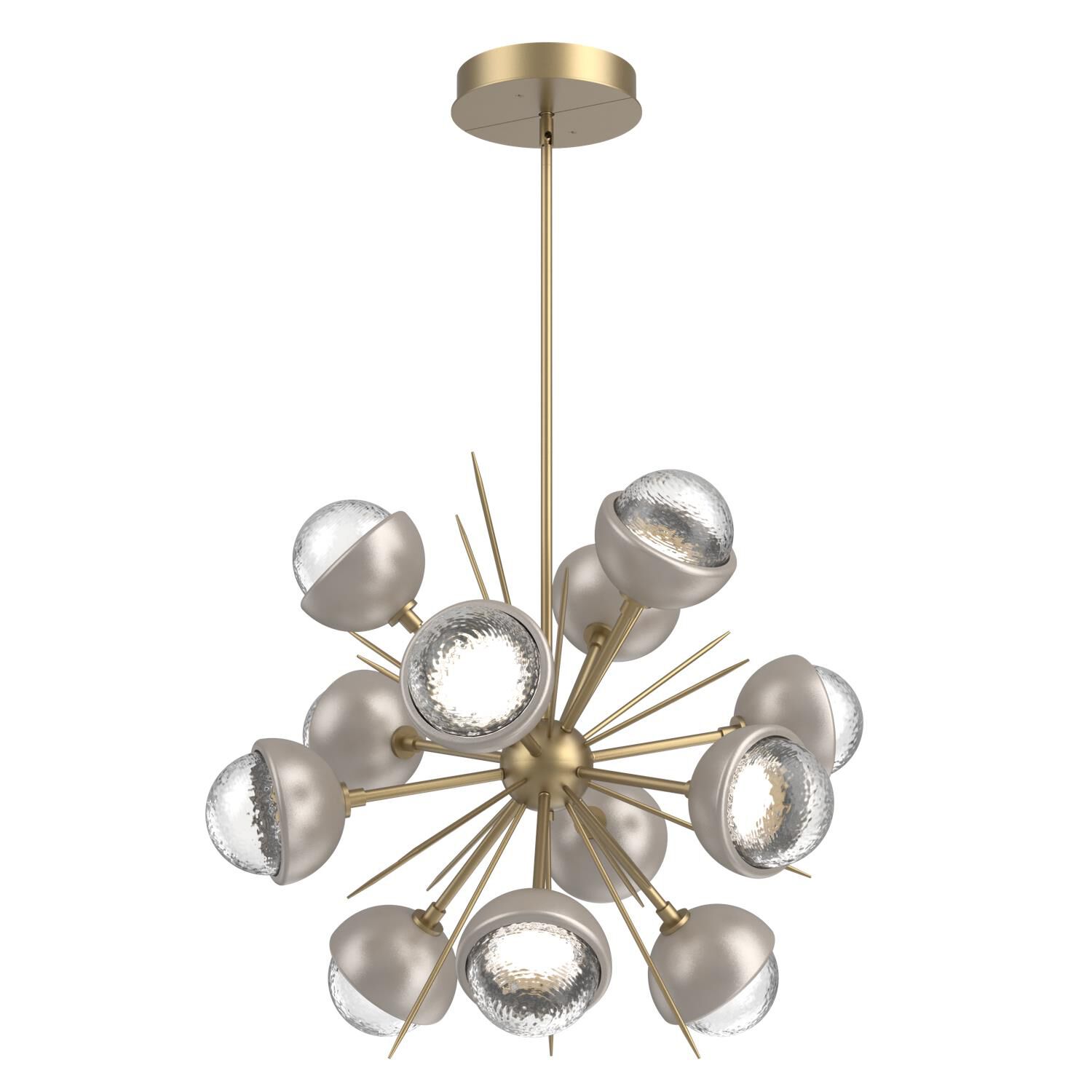 Shown in Gilded Brass finish and Clear glass and Beige Silver accent