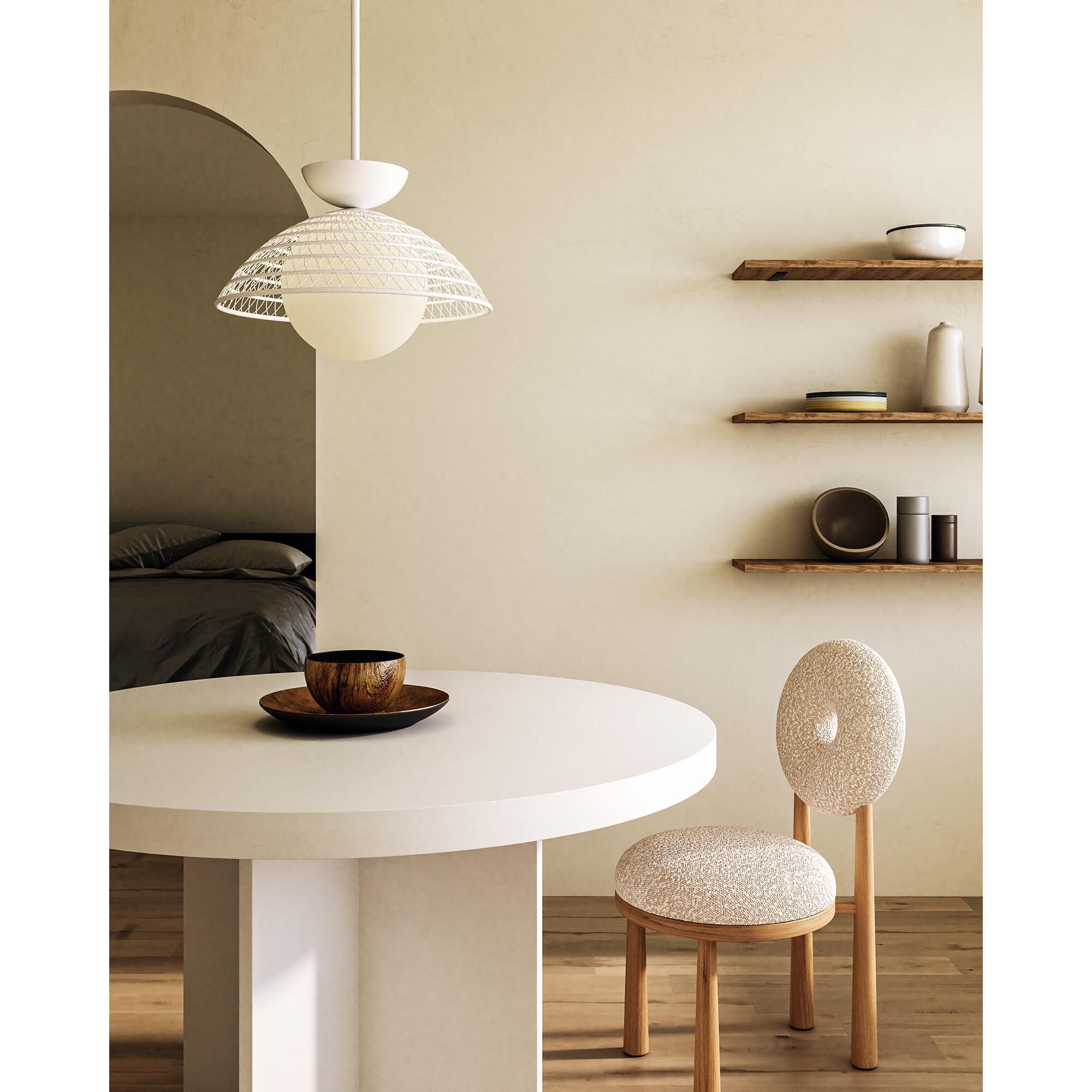 Shown in Brushed Gold/Opal Glass|matte Black/Opal Glass|white/Opal Glass finish and Opal glass and Rattan shade