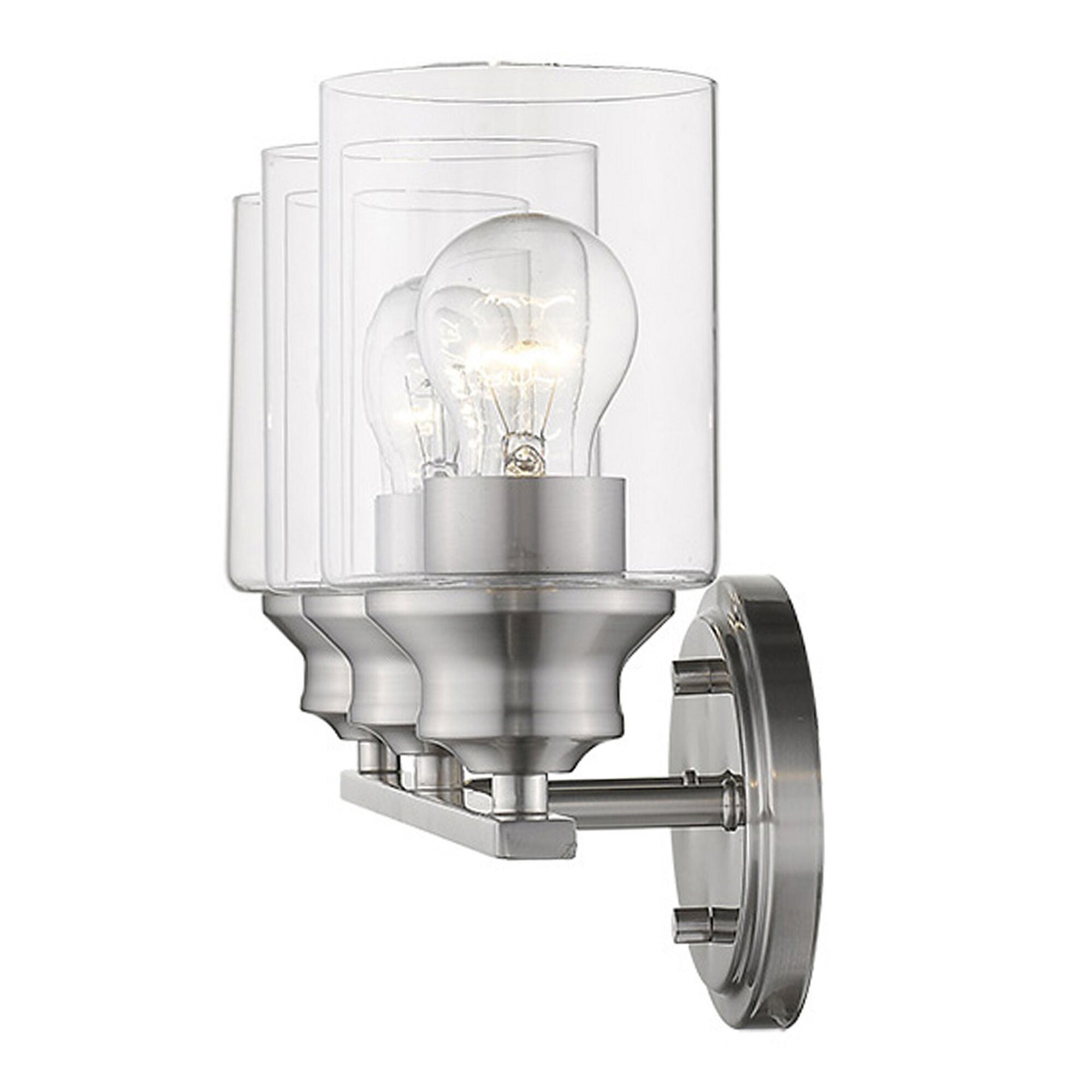 Shown in Satin Nickel finish and Clear glass and Clear, Cylindrical Glass s shade