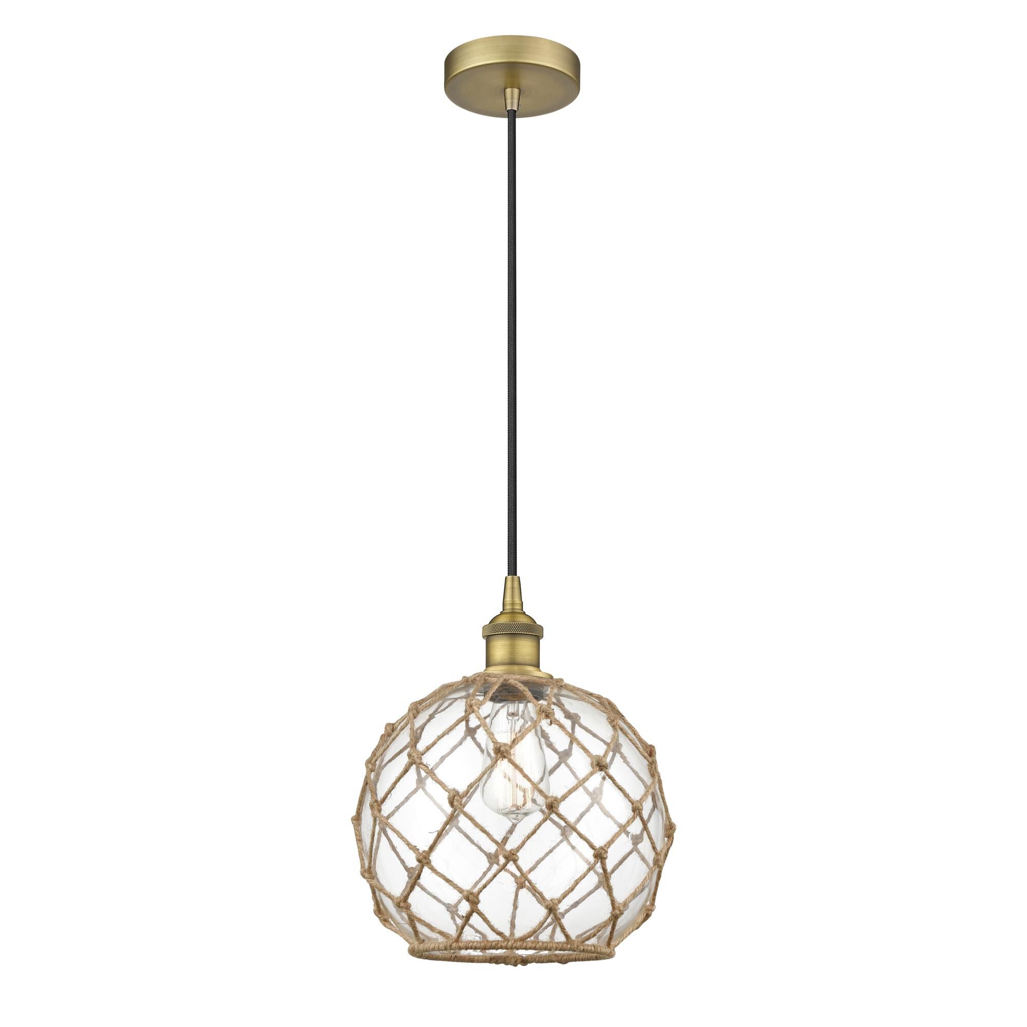 Shown in Brushed Brass finish and Clear Large Farmhouse With Brown Rope glass