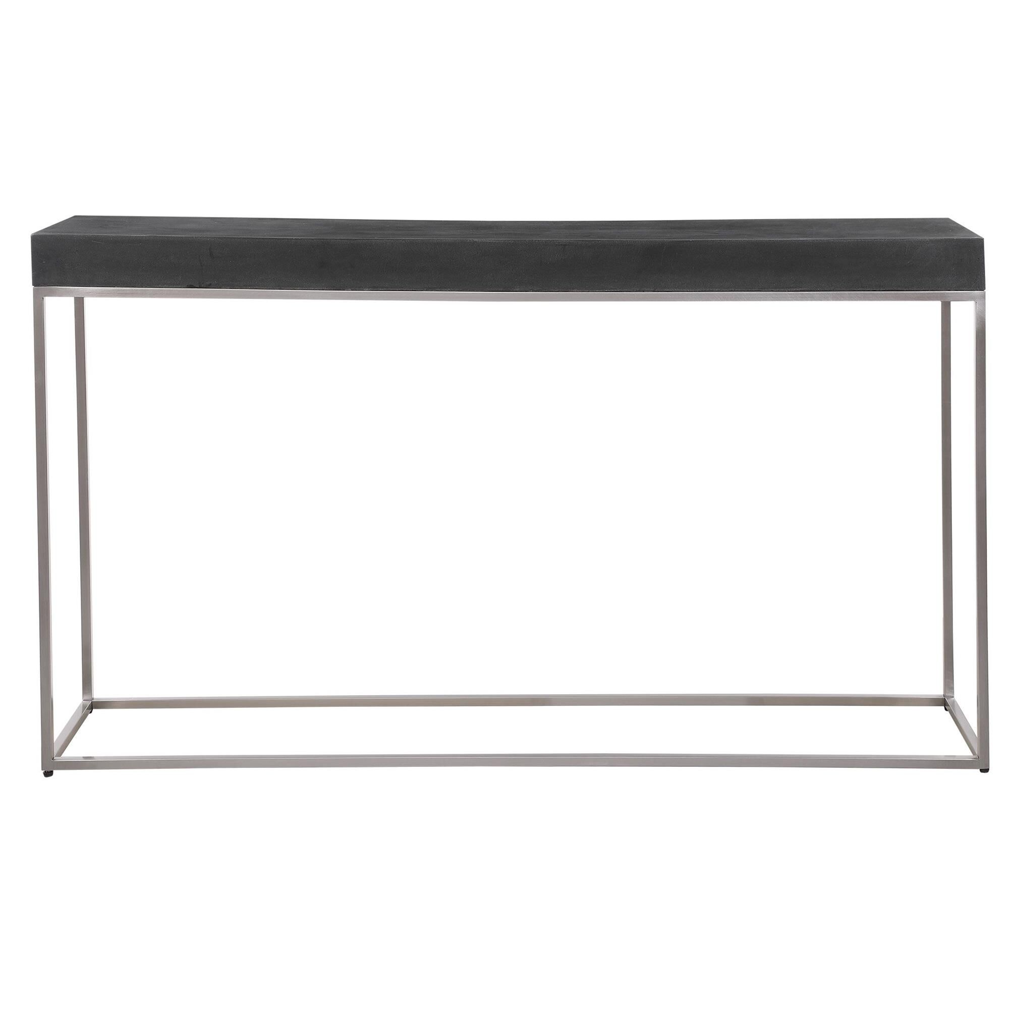 Shown in Sleek And Contemporary, This Console Table Features A Black Concrete Look Atop A Brushed Nickel Stai finish