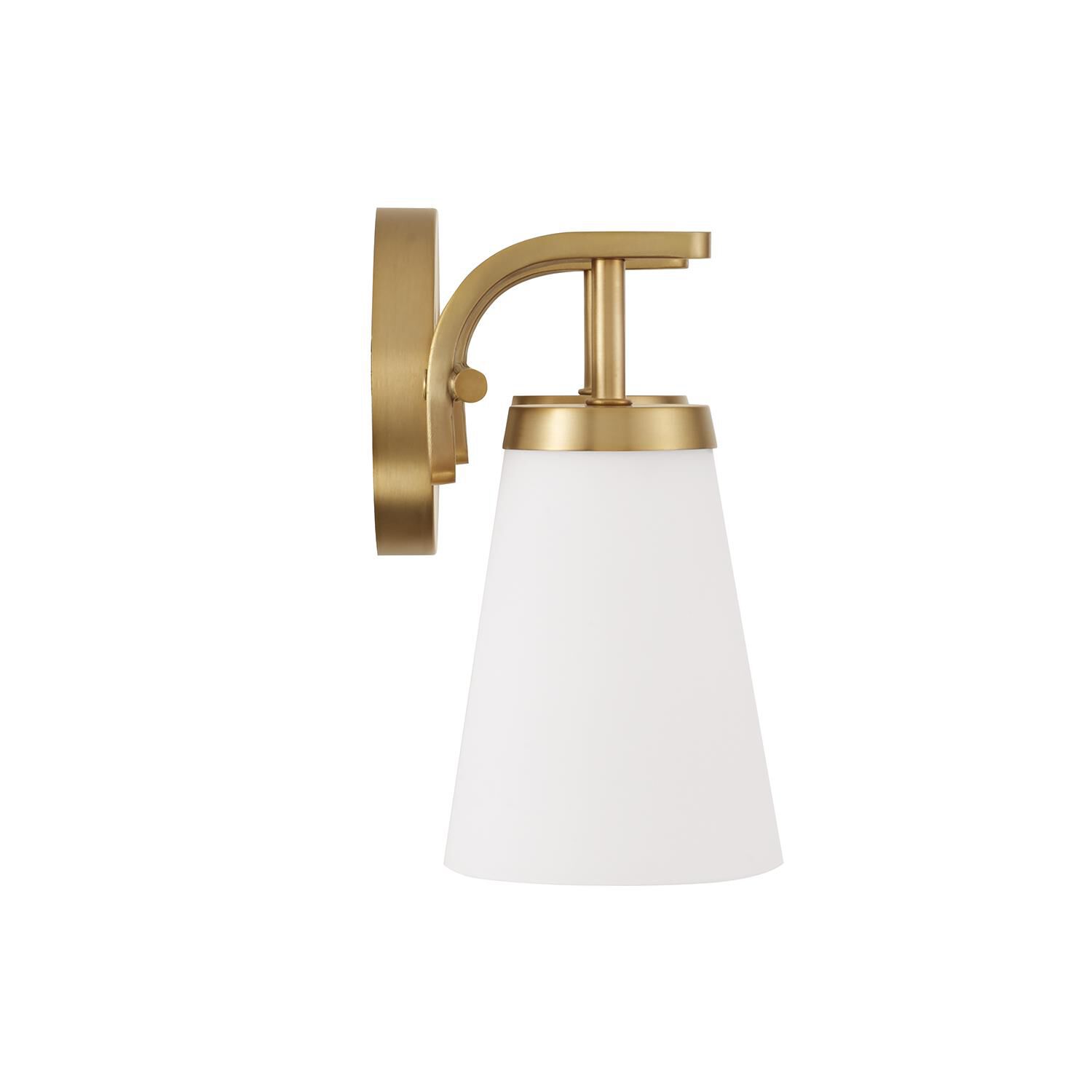 Shown in Aged Brass finish and Soft White glass
