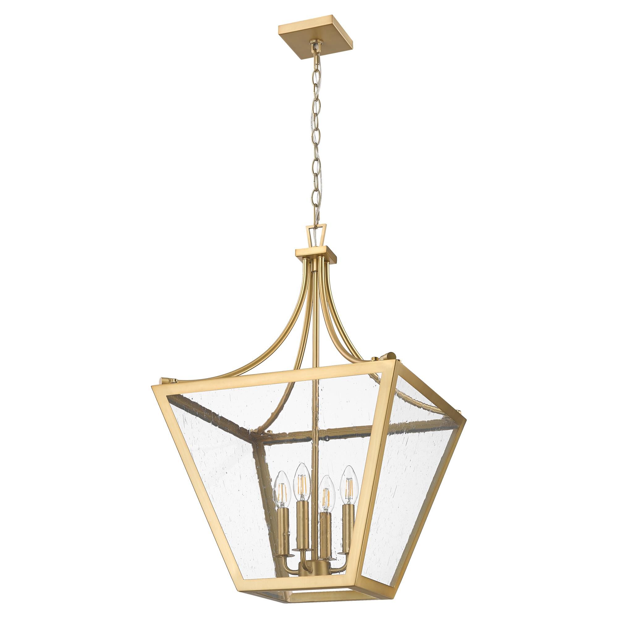 Shown in Rubbed Brass finish and Clear Seedy glass