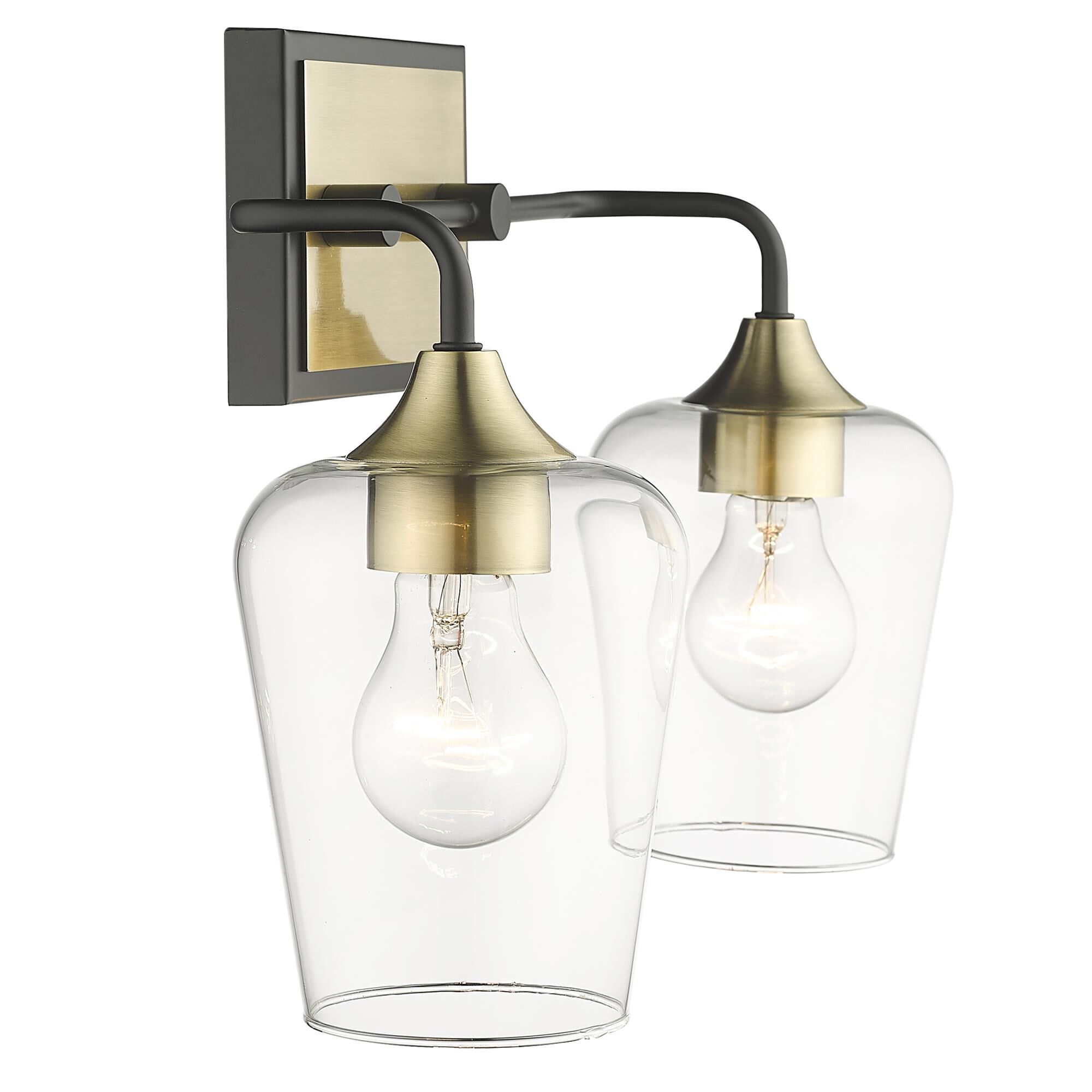 Shown in Antique Brass And Black finish and Clear Glass shade