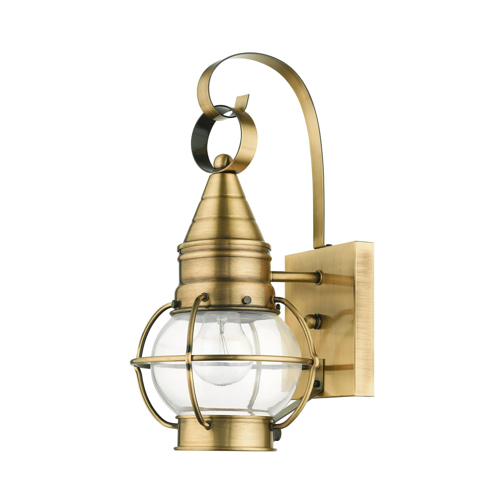 Shown in Antique Brass finish and Hand Blown Clear glass