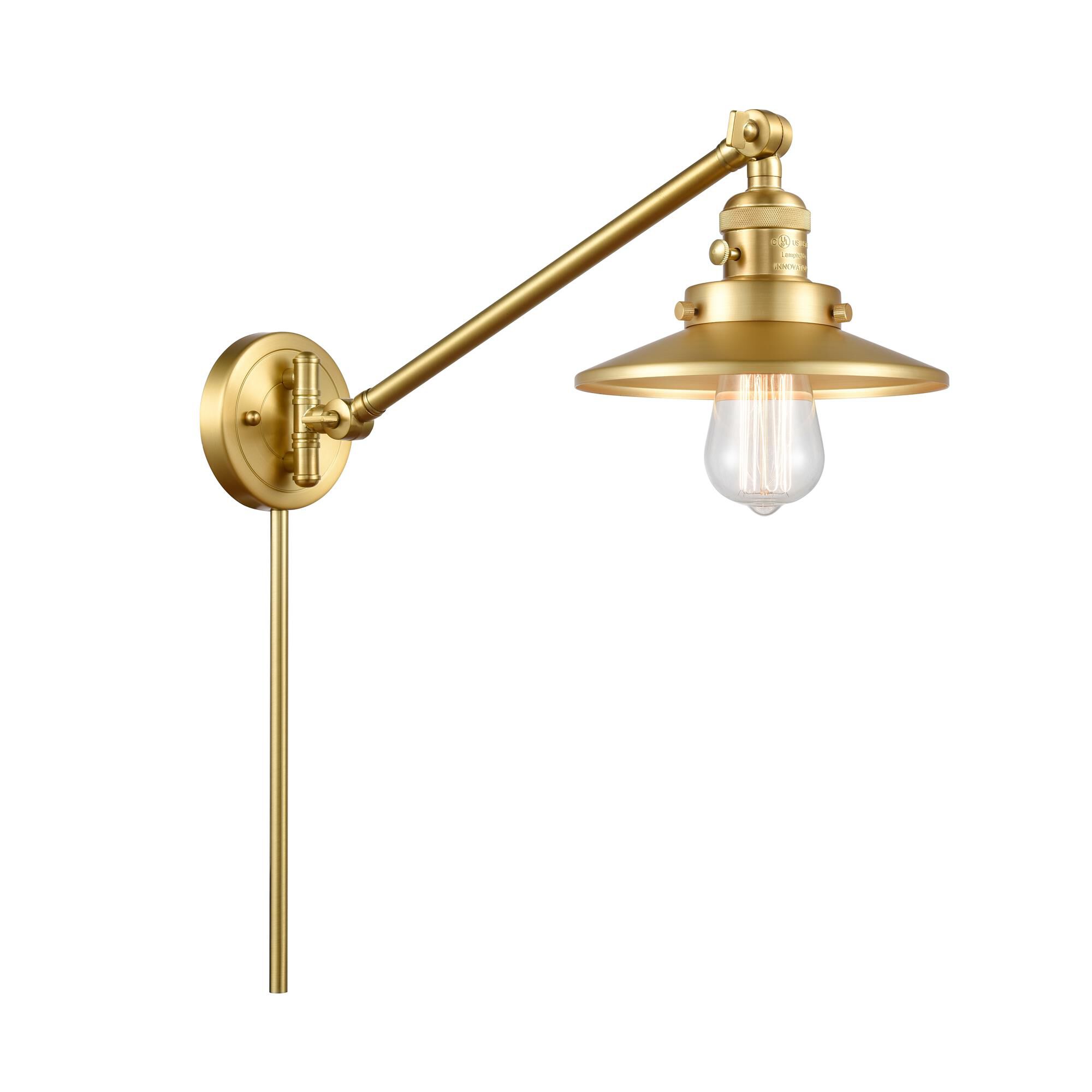 Shown in Satin Gold finish and Satin Gold Railroad shade