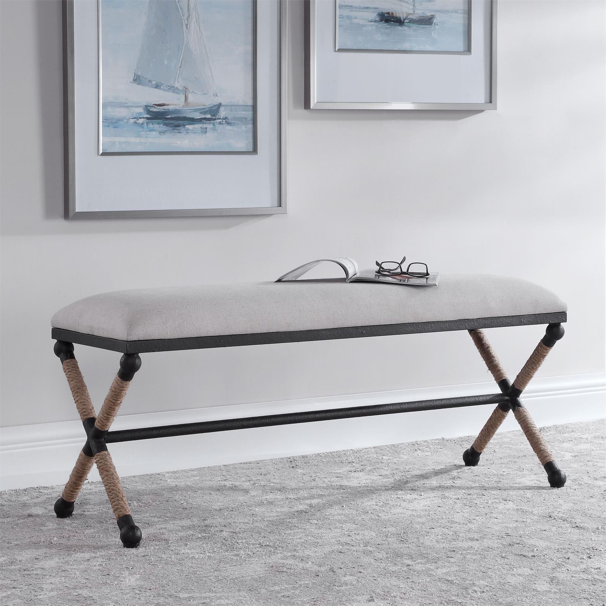 Shown in Rustic Iron Frame With A Nautical Touch, Wrapped In Natural Fiber Rope Accents. Cushioned Top Is A S finish