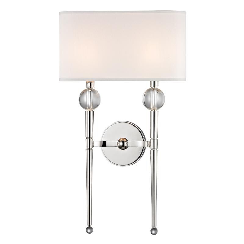 Shown in Polished Nickel finish and Off White Faux Silk shade and Crystal Orbs accent