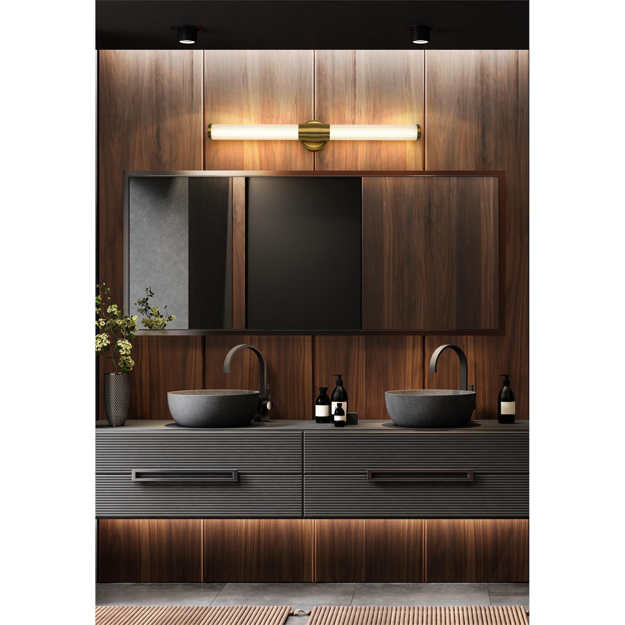 Shown in Modern Gold finish and Opal White glass and Opal White shade