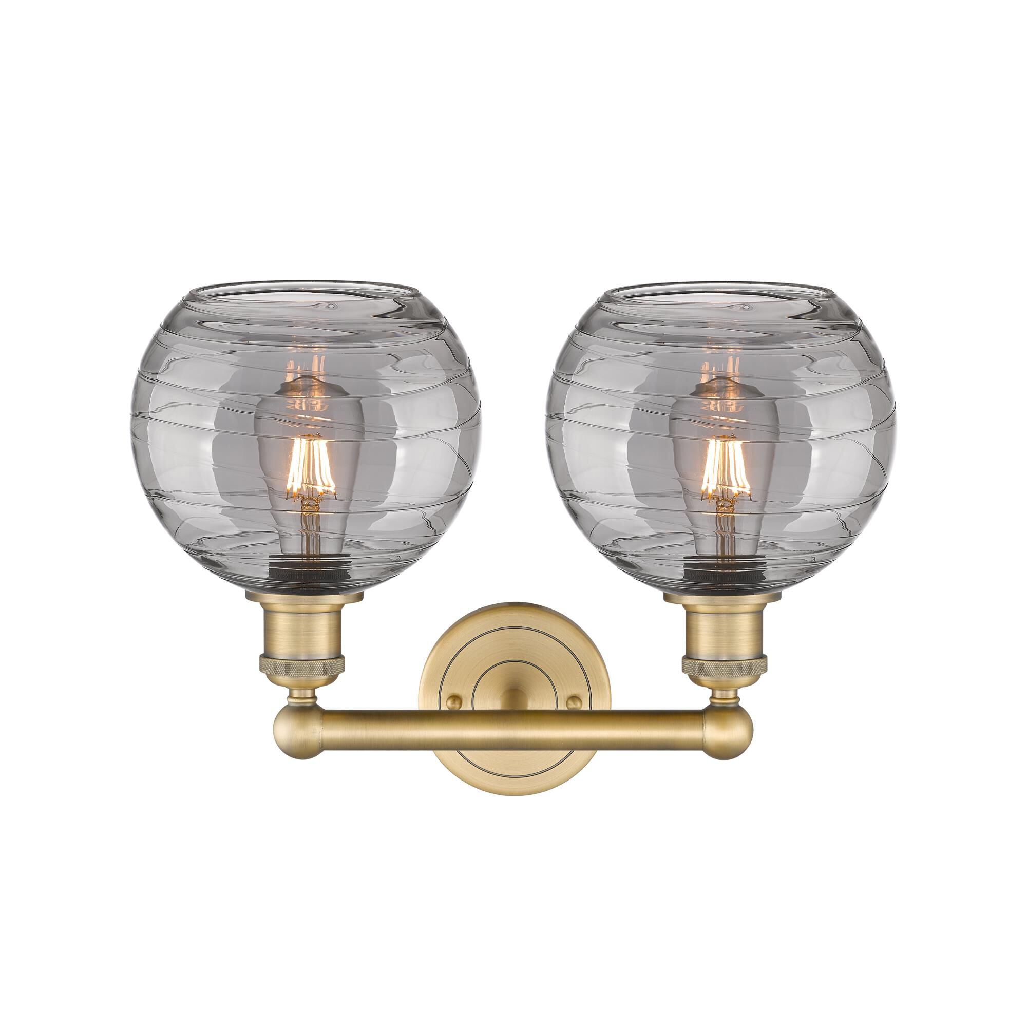 Shown in Brushed Brass finish and Light Smoke Deco Swirl glass