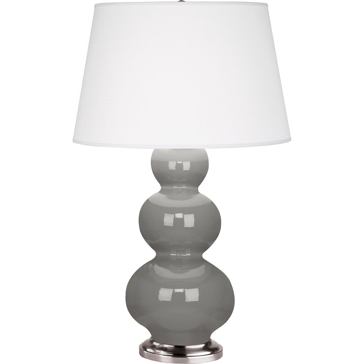 Shown in Smokey Taupe Glazed Ceramic With Antique Silver ed Accents finish and Pearl Dupioni Fabric shade