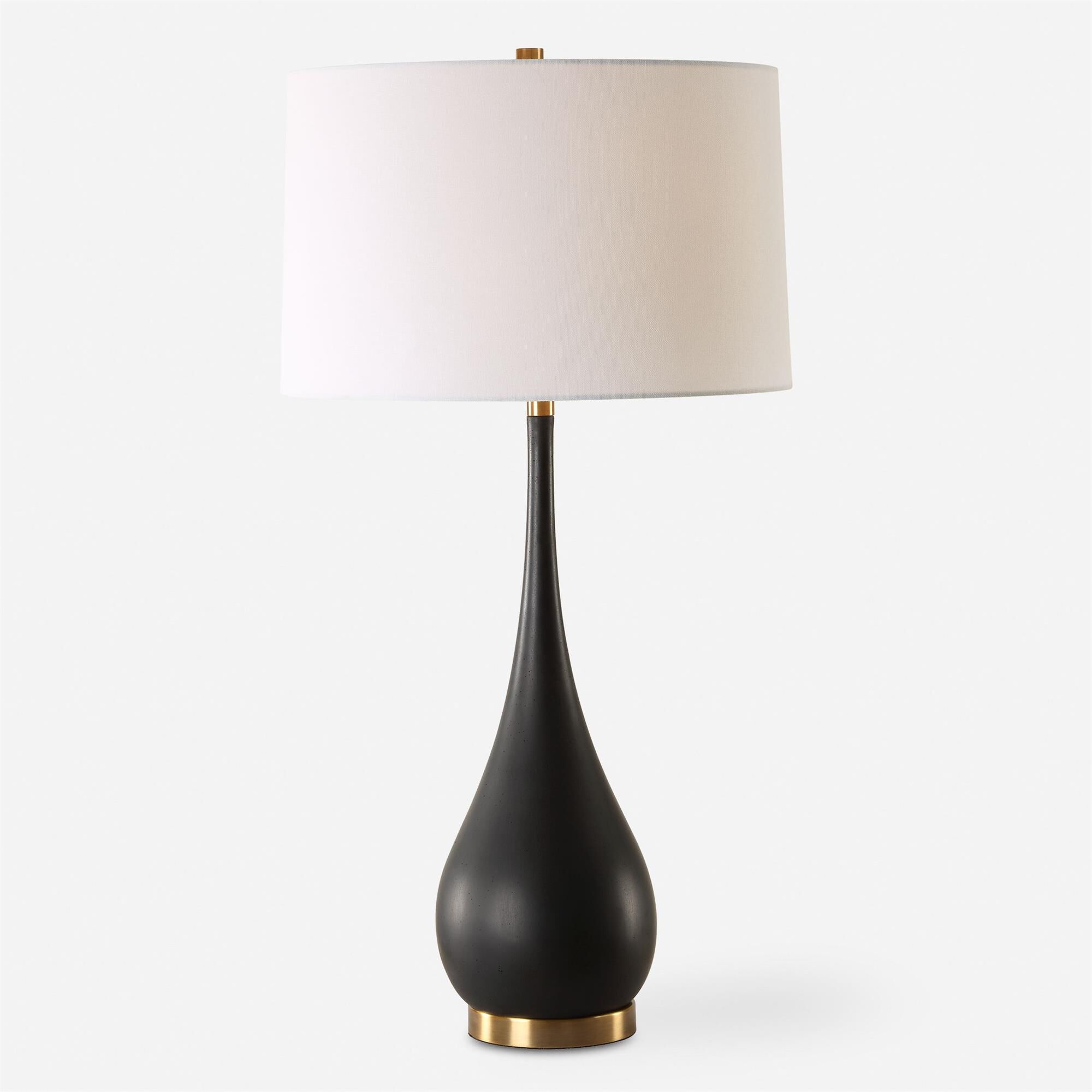 Shown in This Exquisite Table Lamp Features A Tear-Drop Shaped Base Handcrafted From Sleek, Man-Made Black St finish and Round Hardback shade