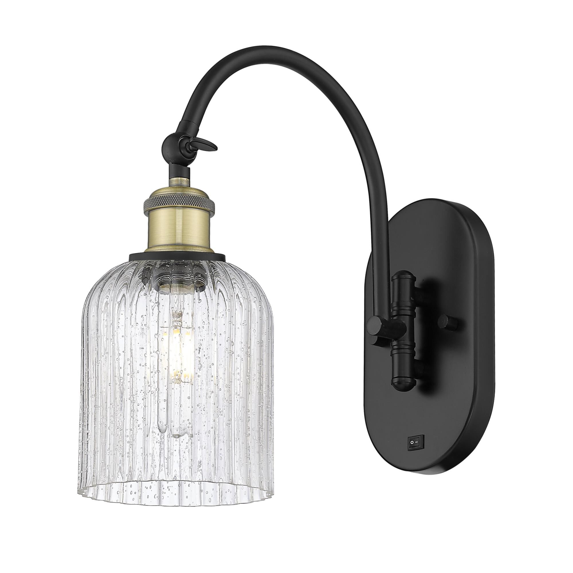 Shown in Black Antique Brass finish and Seedy shade