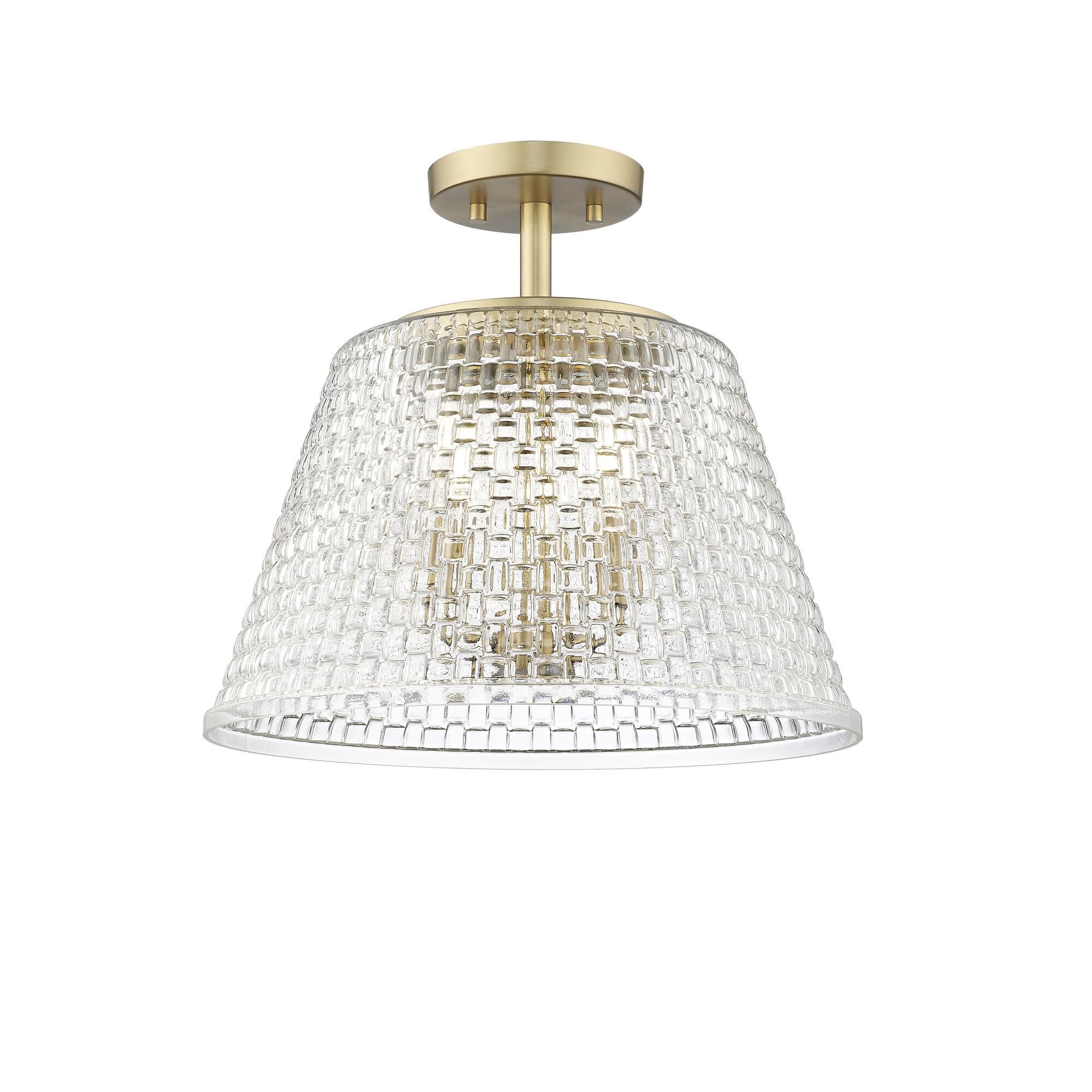 Shown in Vintage Brass finish and Clear Woven Lattice glass