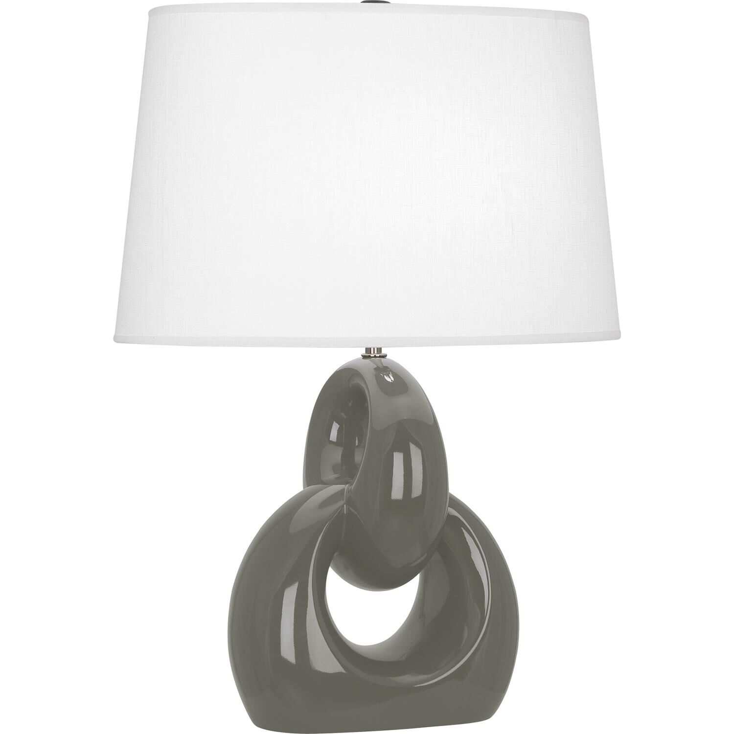 Shown in Ash Glazed Ceramic With Polished Nickel Accents finish and Oval Oyster Linen shade