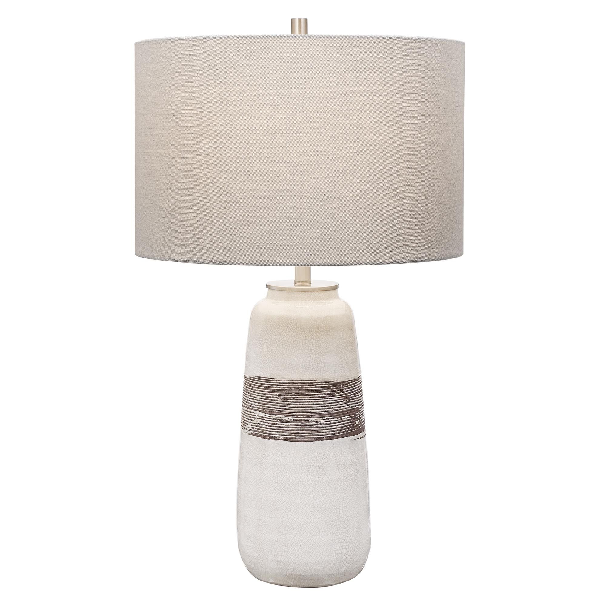 Shown in Showcasing A Rustic Casual Look, This Ceramic Table Lamp Features An Off-White Crackle Glaze With Di finish and Round Drum Hardback shade