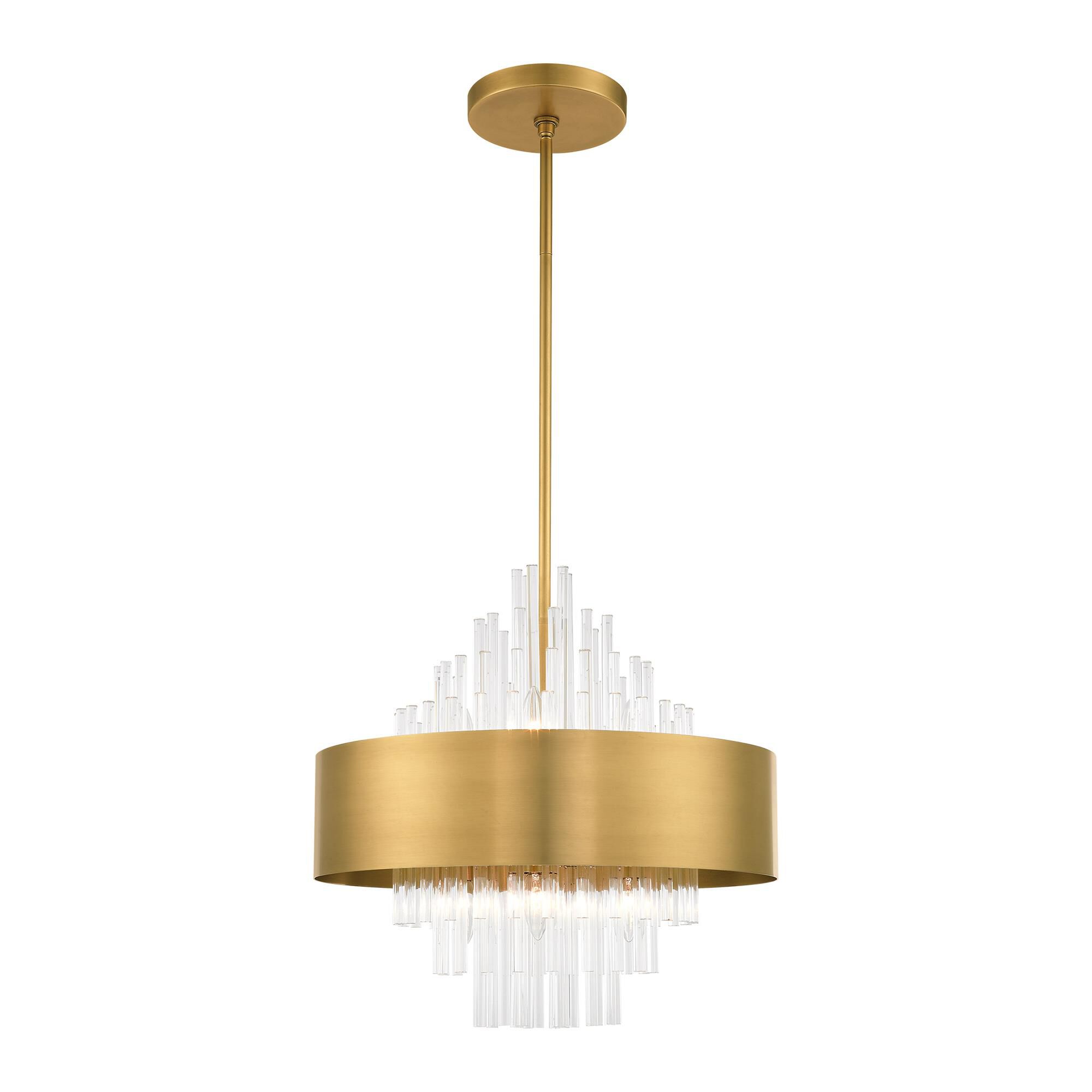 Shown in Natural Brass finish and Natural Brass Drum Shade With Clear Crystal Rods glass and Natural Brass Drum  With Clear Crystal Rods shade