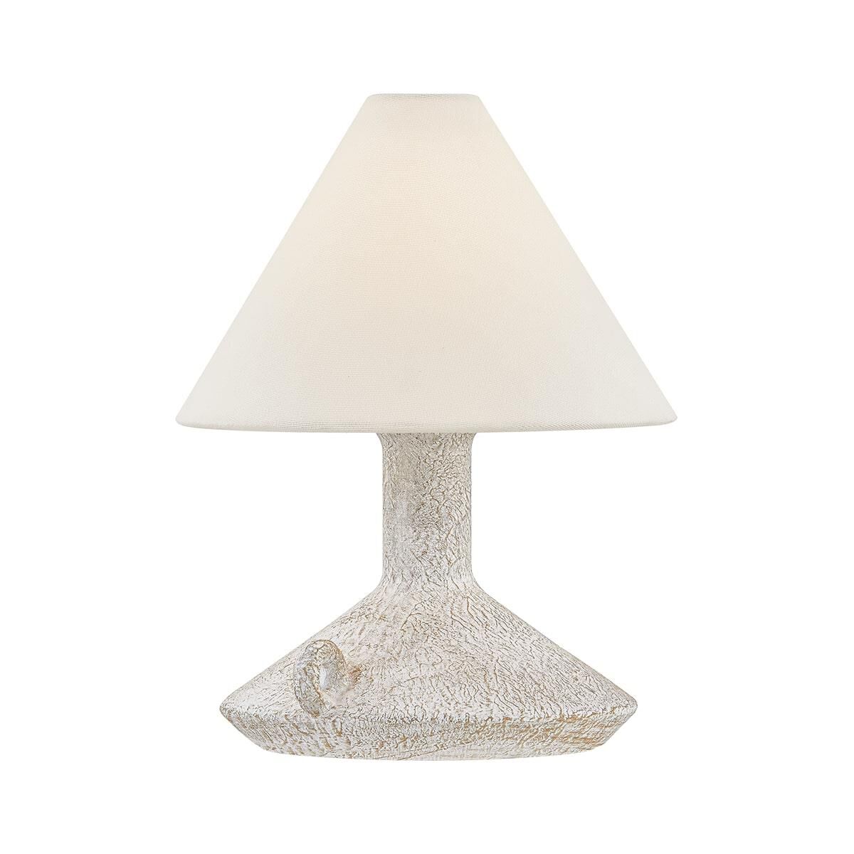 Shown in Patina Brass and Ceramic Riven Chalk finish and Off White Linen shade