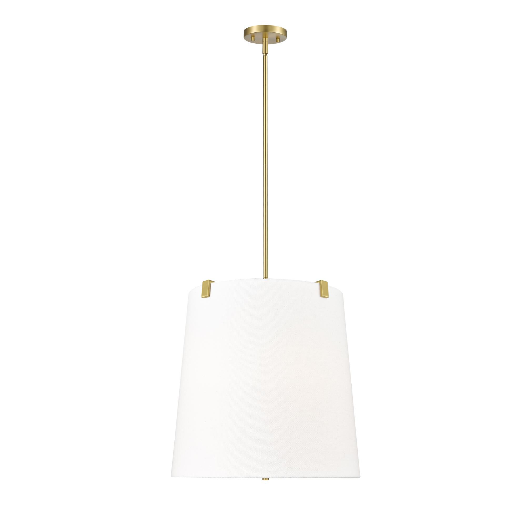 Shown in Modern Gold finish and White Linen glass and White Linen shade