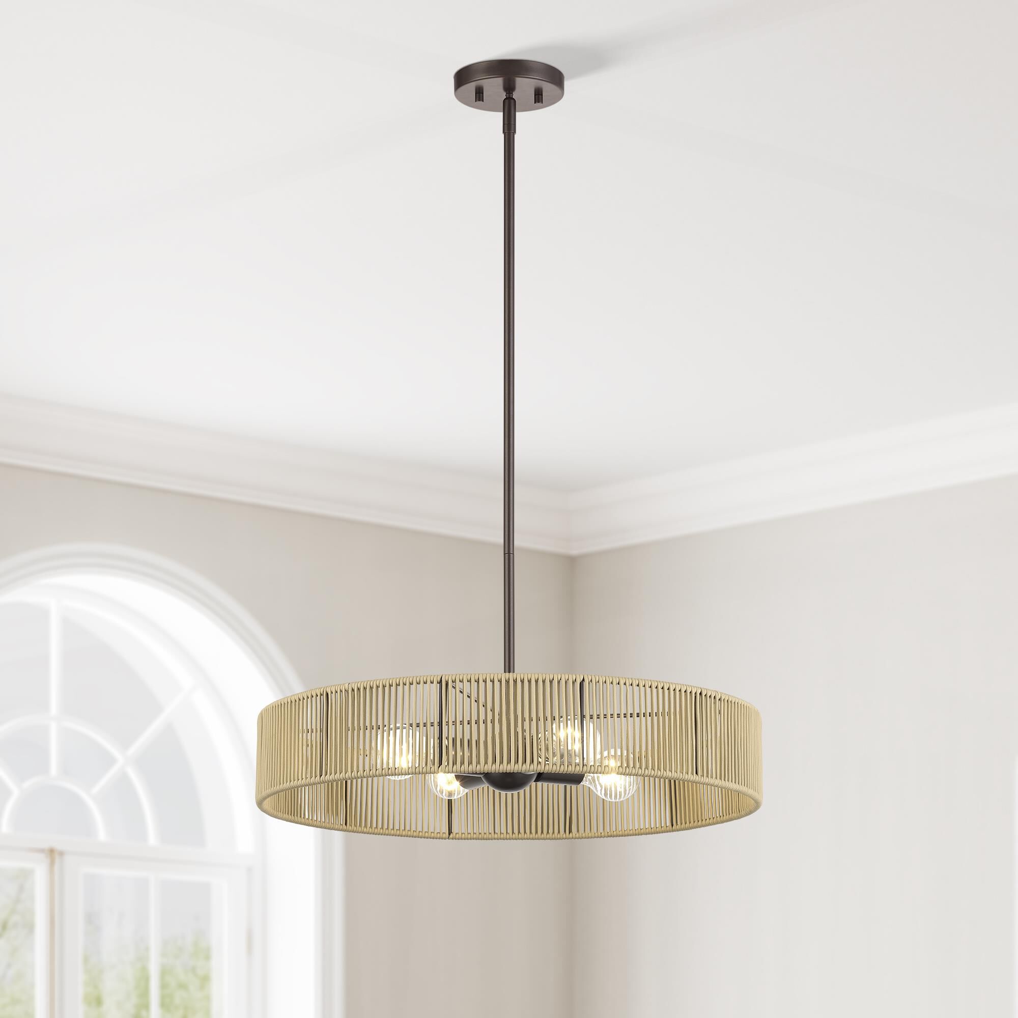 Shown in English Bronze finish and Hand-Woven Venetian Gold Color Polyester Rope shade