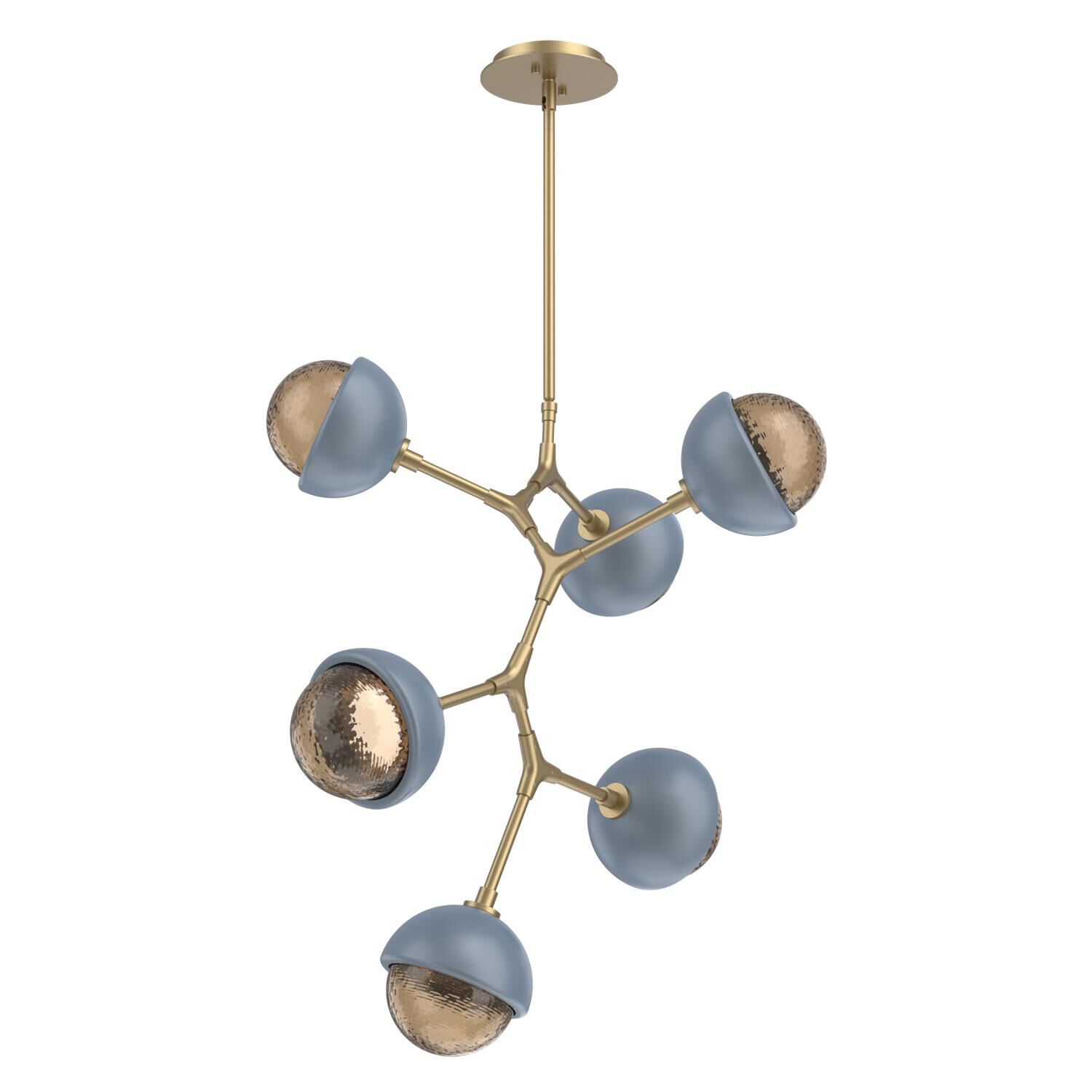 Shown in Gilded Brass finish and Bronze glass and Poppy Blue accent