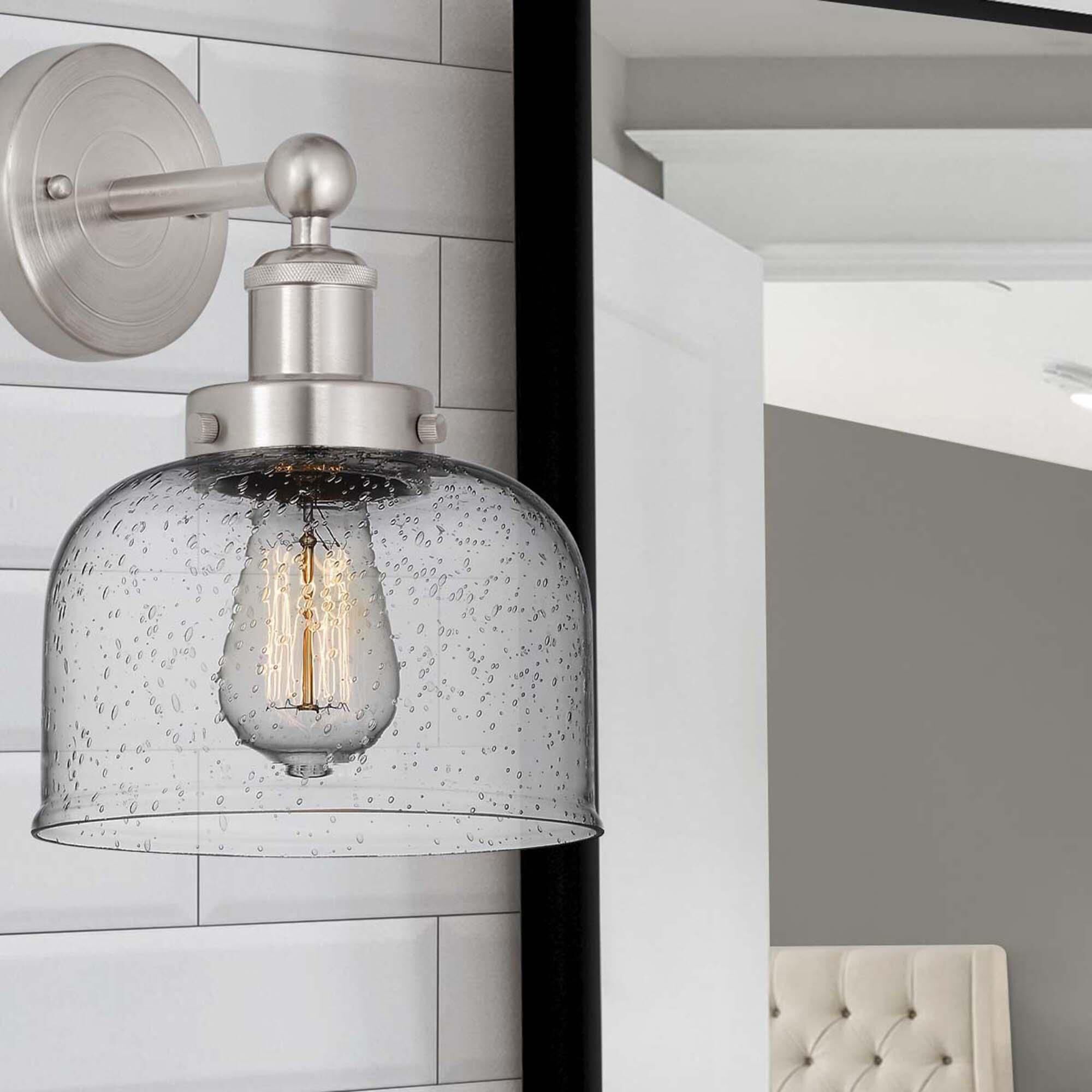 Shown in Brushed Satin Nickel  finish and Clear Seedy glass