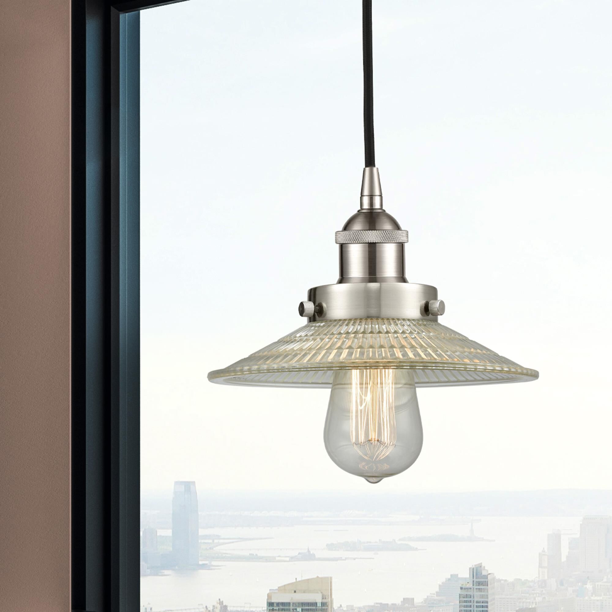 Shown in Brushed Satin Nickel finish and Clear glass