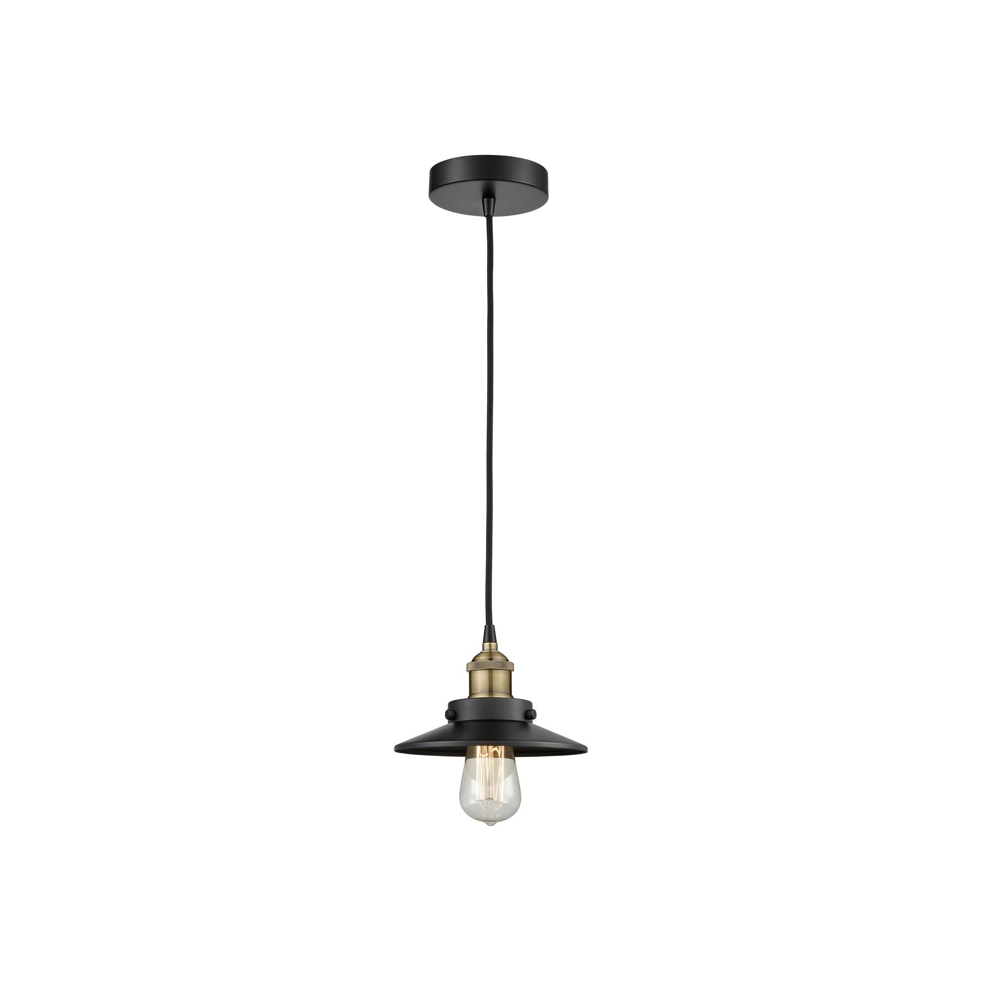 Shown in Black Antique Brass finish and Matte Black shade