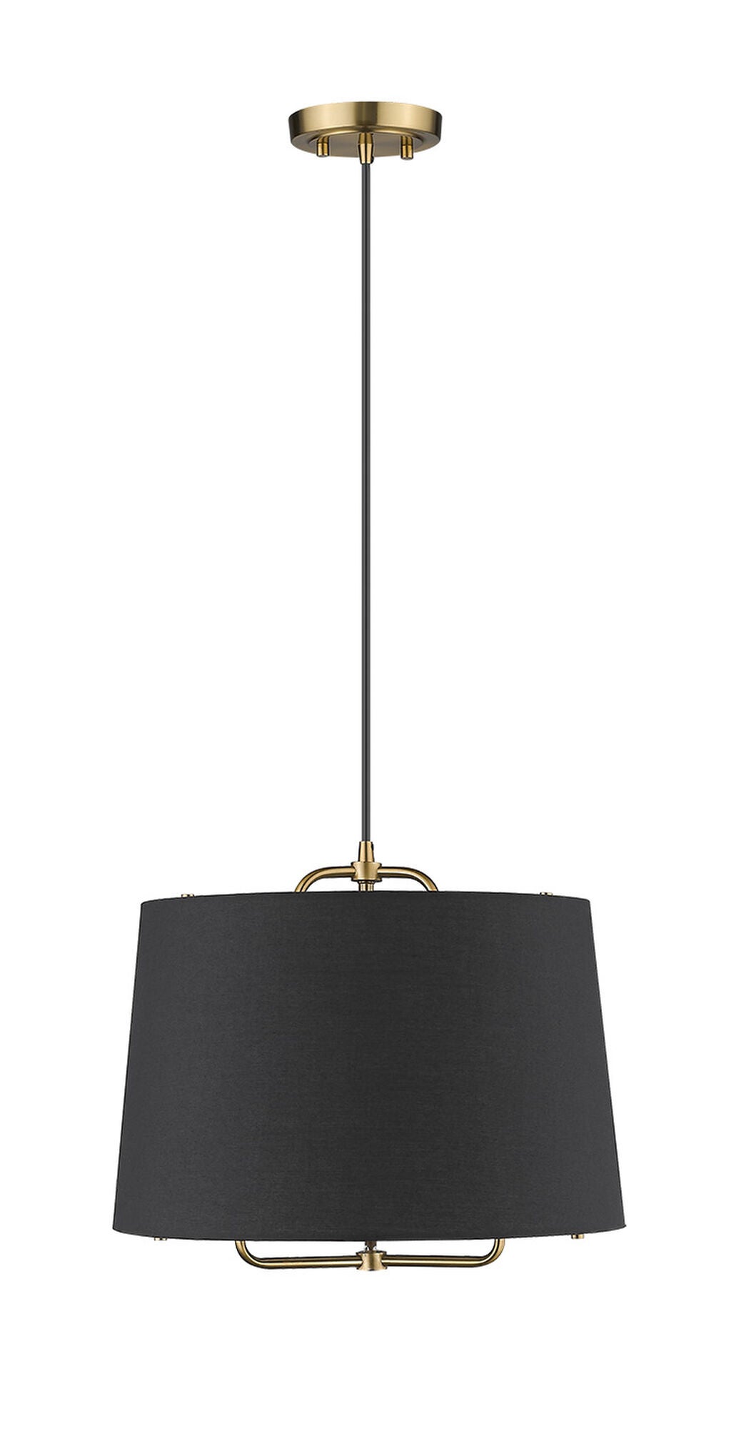 Shown in Gold finish and Matte Black glass and Black Hardback Linen Drum shade