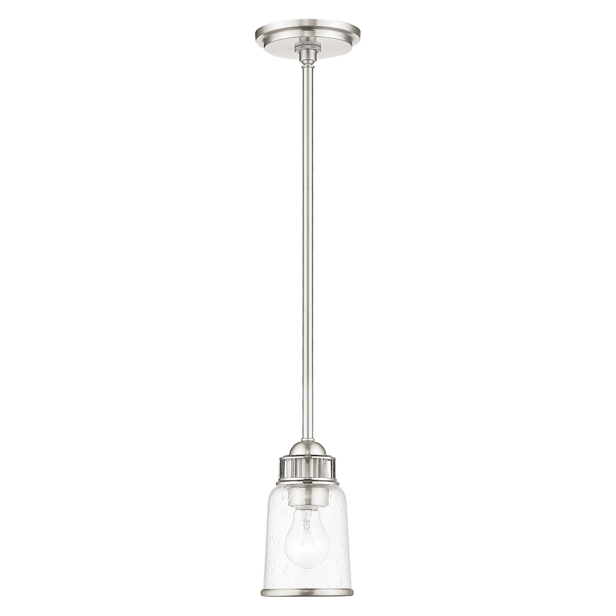 Shown in Brushed Nickel finish and Hand Blown Clear Seeded glass