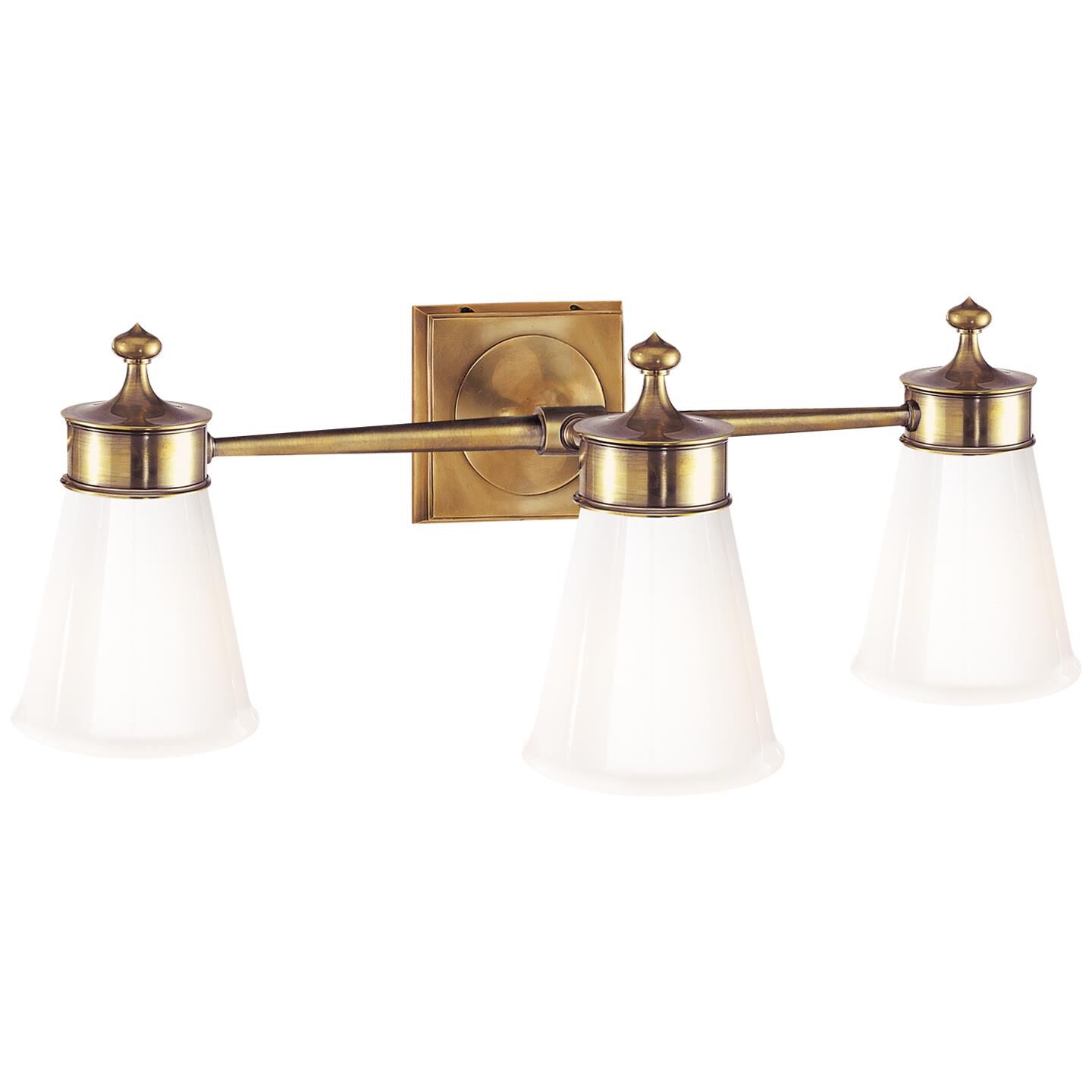Shown in Hand-Rubbed Antique Brass finish and White glass
