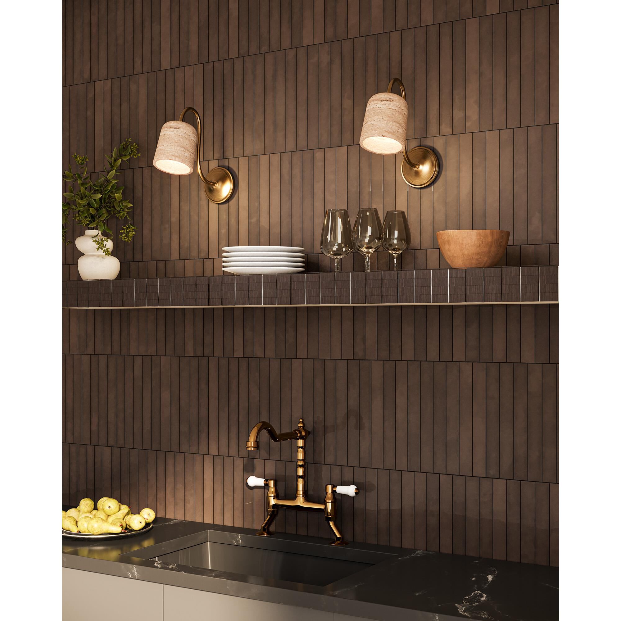 Shown in Brushed Gold and Travertine finish and Stone shade