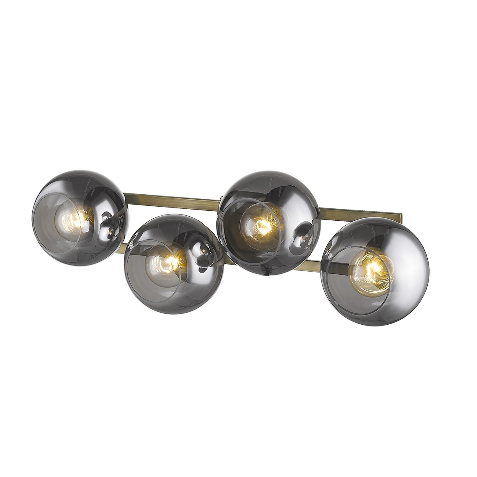 Shown in Aged Brass finish and Smoke glass and Smoke Glass Globes shade