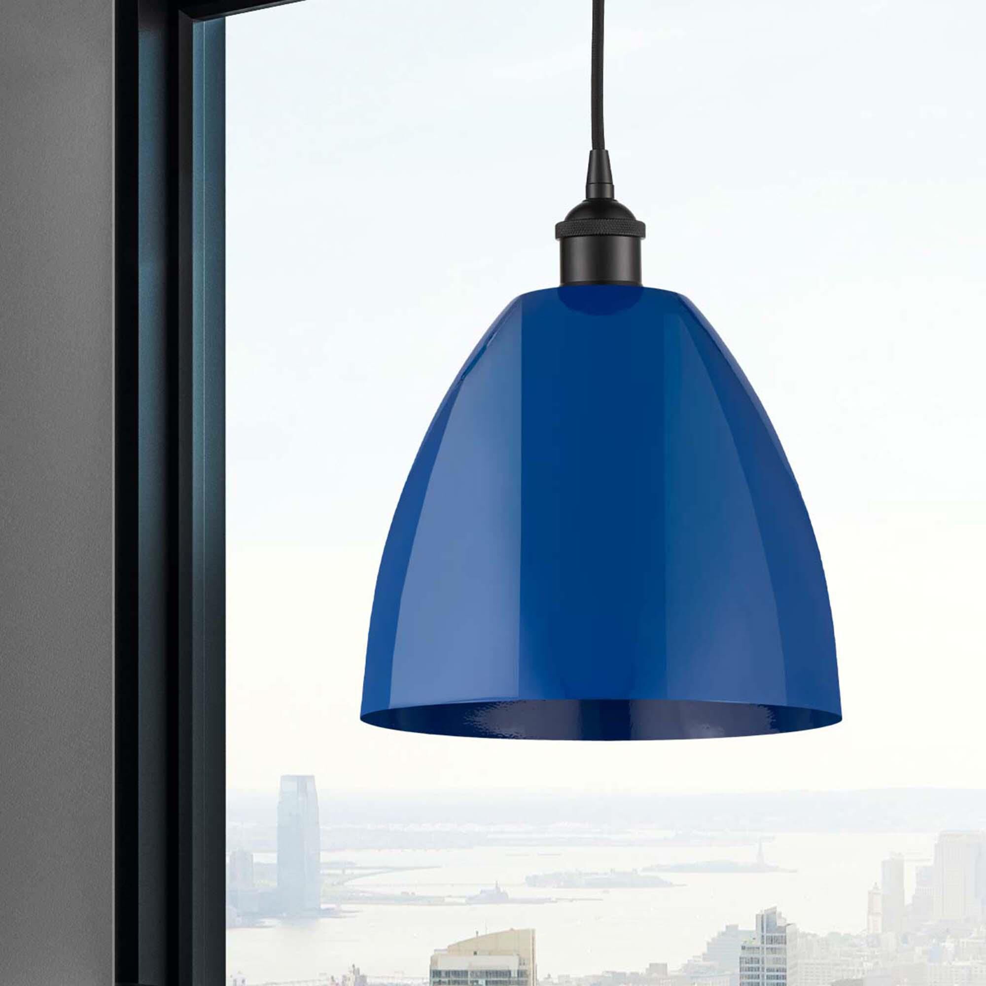 Shown in Matte Black finish and Blue Plymouth Dome shade