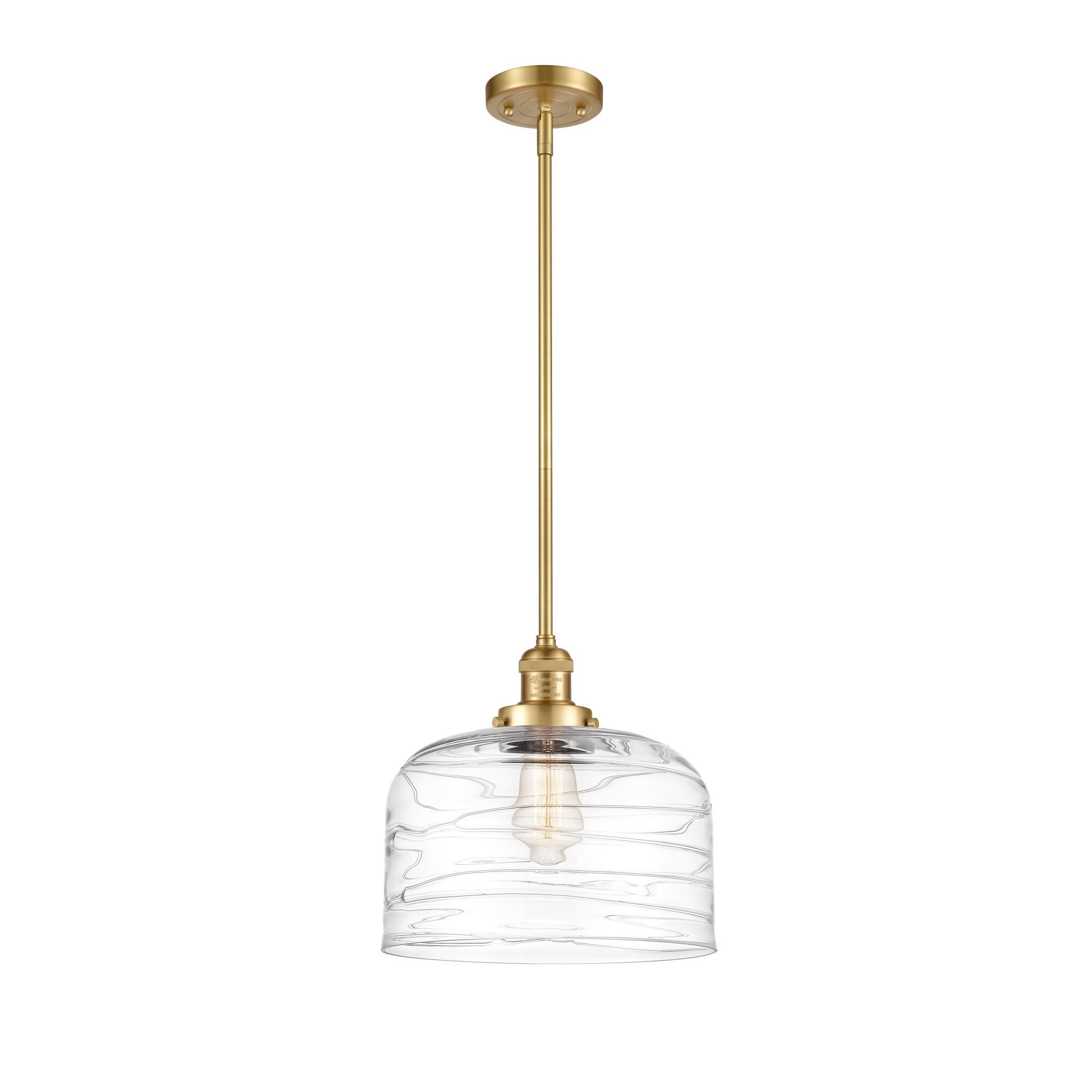 Shown in Satin Gold finish and Clear Deco Swirl X-Large Bell glass