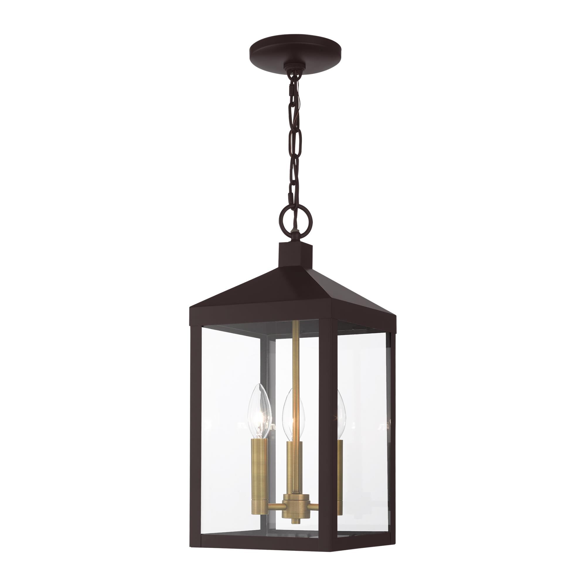 Shown in Bronze With Antique Brass Cluser finish and Clear glass and Clear Glass shade