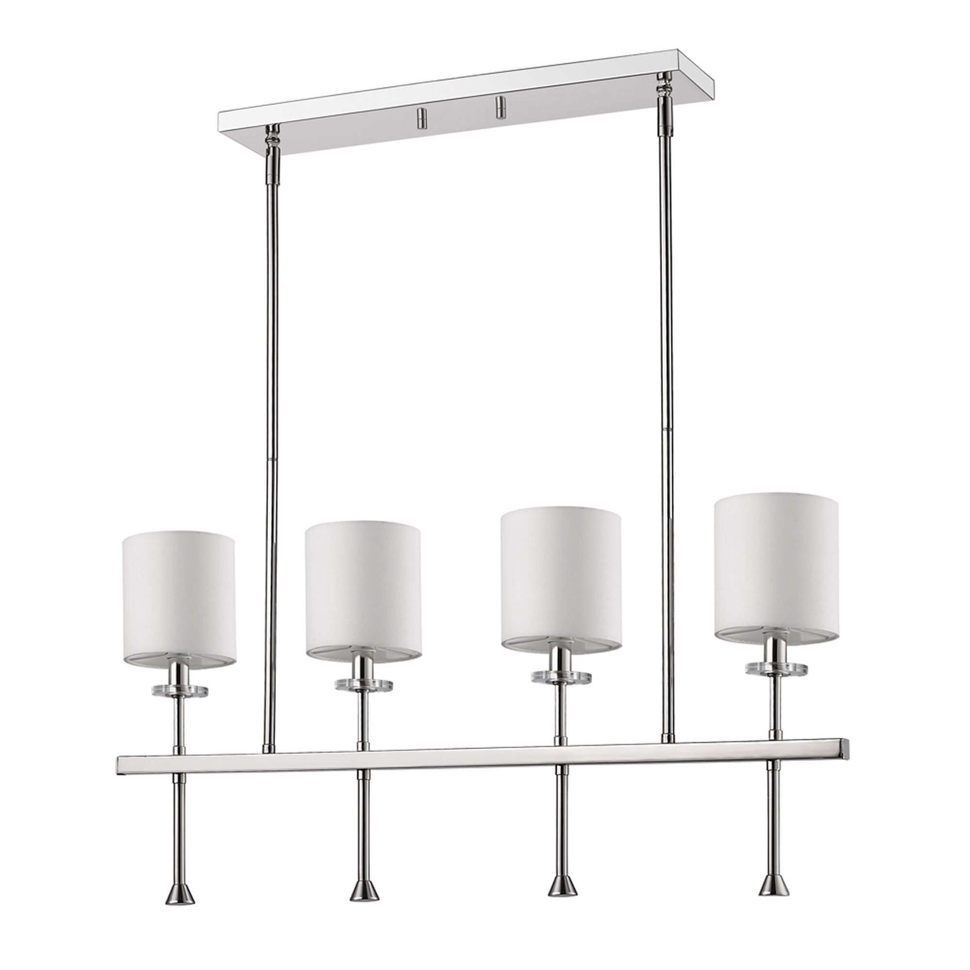 Shown in Polished Nickel finish and White glass and White Cylindrical Fabric s shade