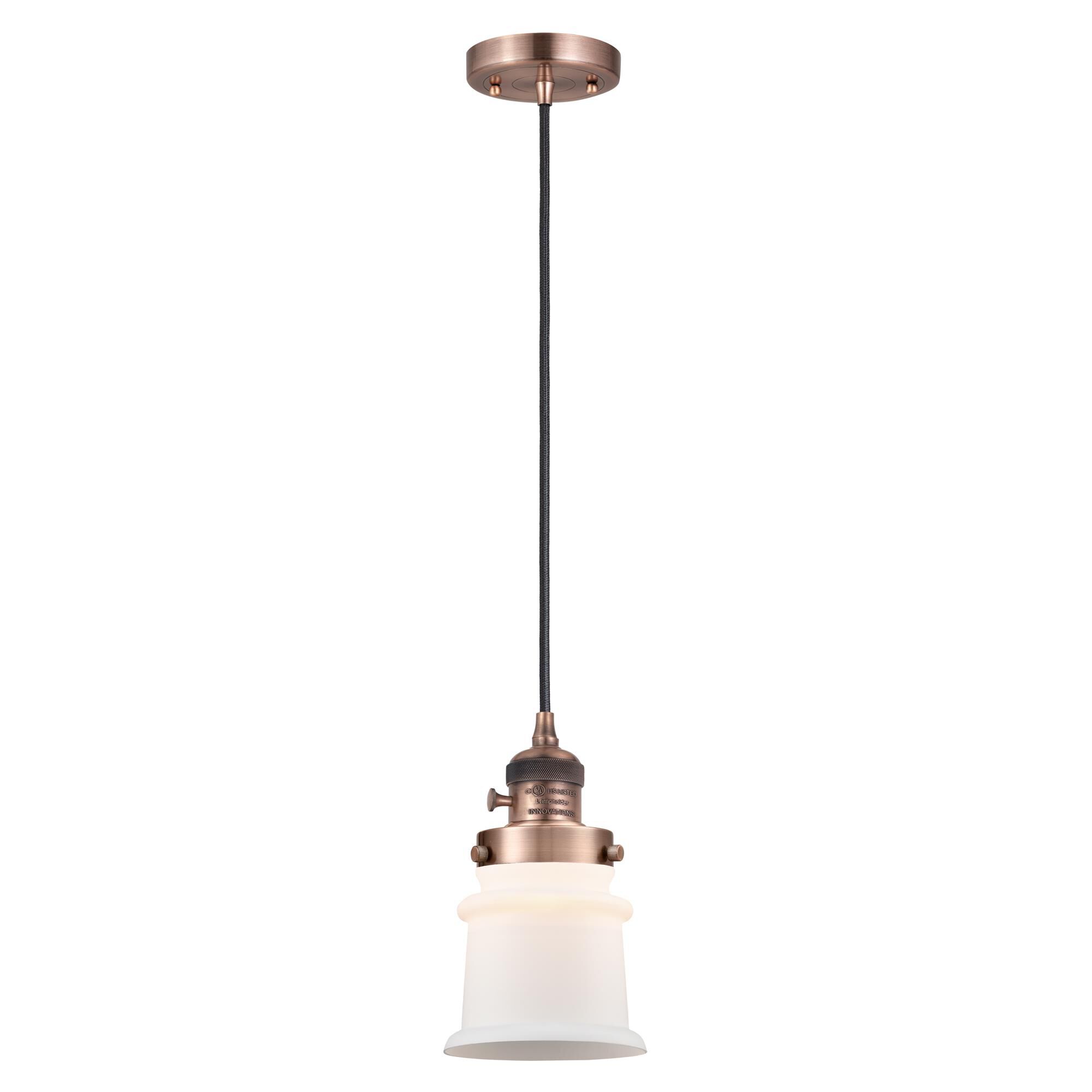 Shown in Antique Copper finish and Matte White glass