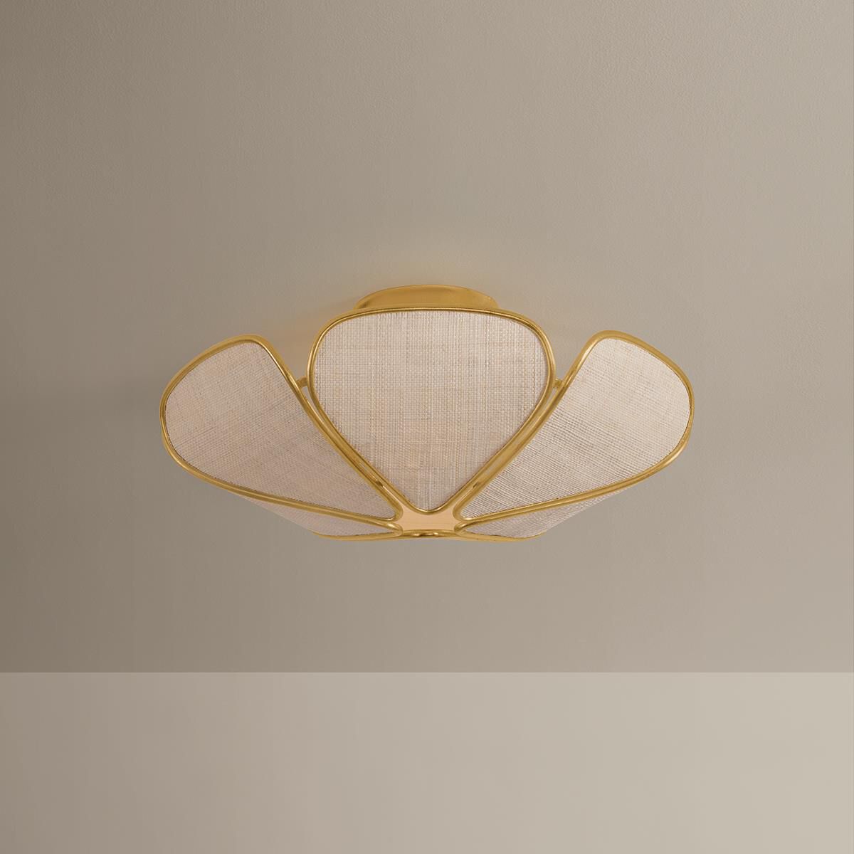 Shown in Vintage Gold Leaf finish and Natural Woven Saguran shade