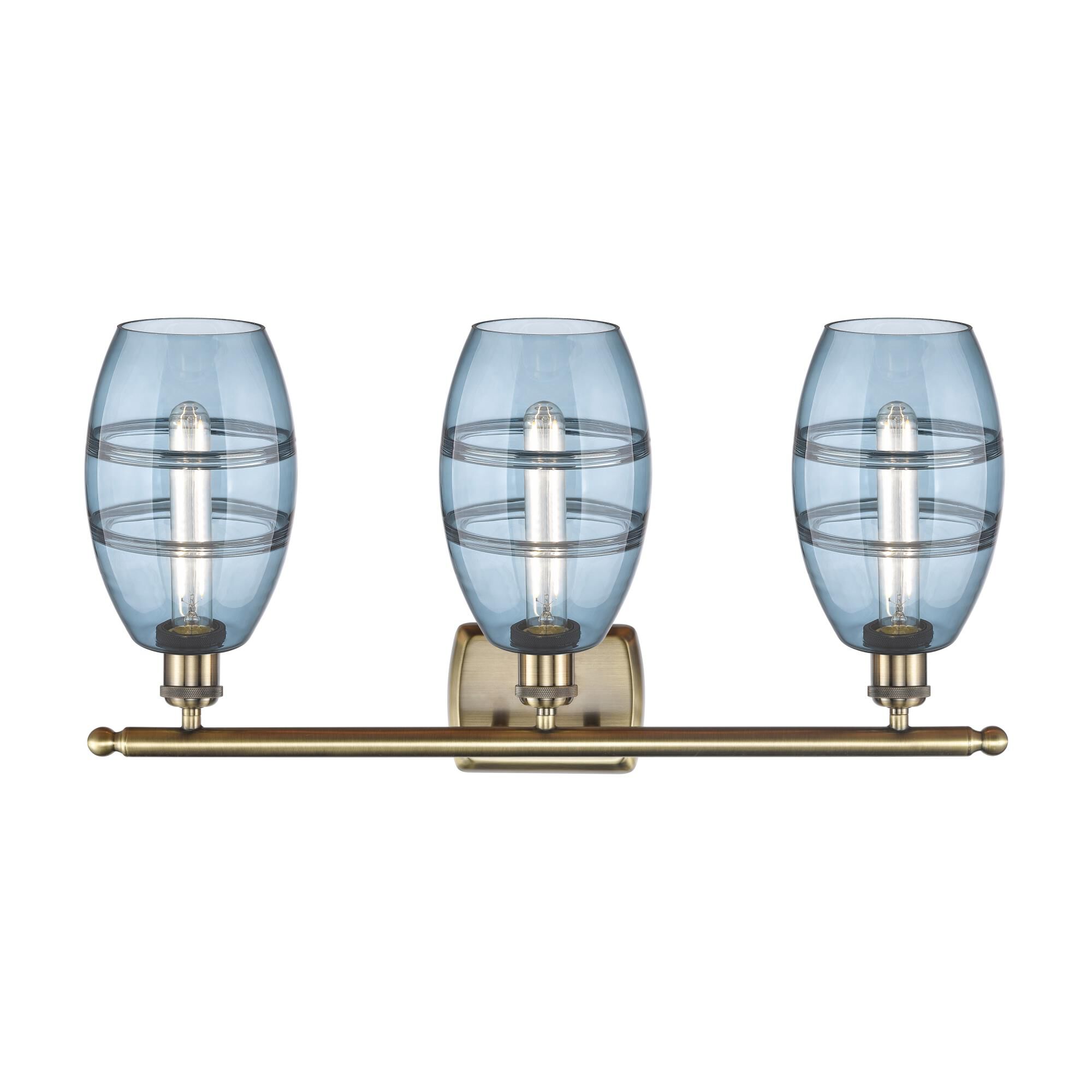 Shown in Antique Brass finish and Princess Blue glass