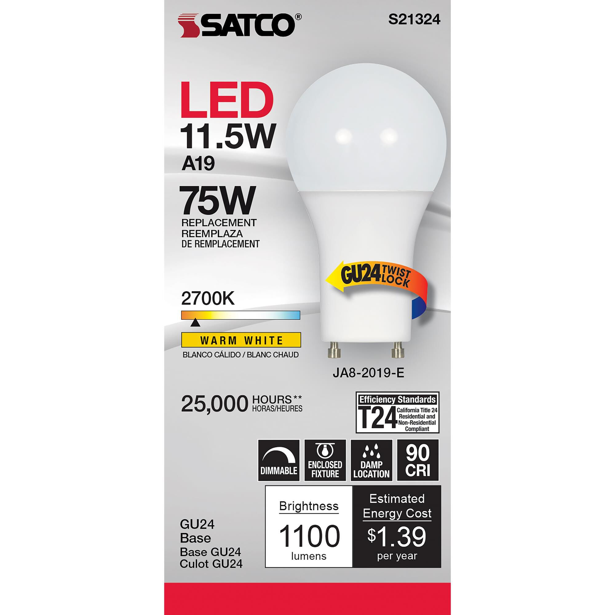 Dimmable 11.5 Watt 2700K A19 LED Light Bulb by Satco