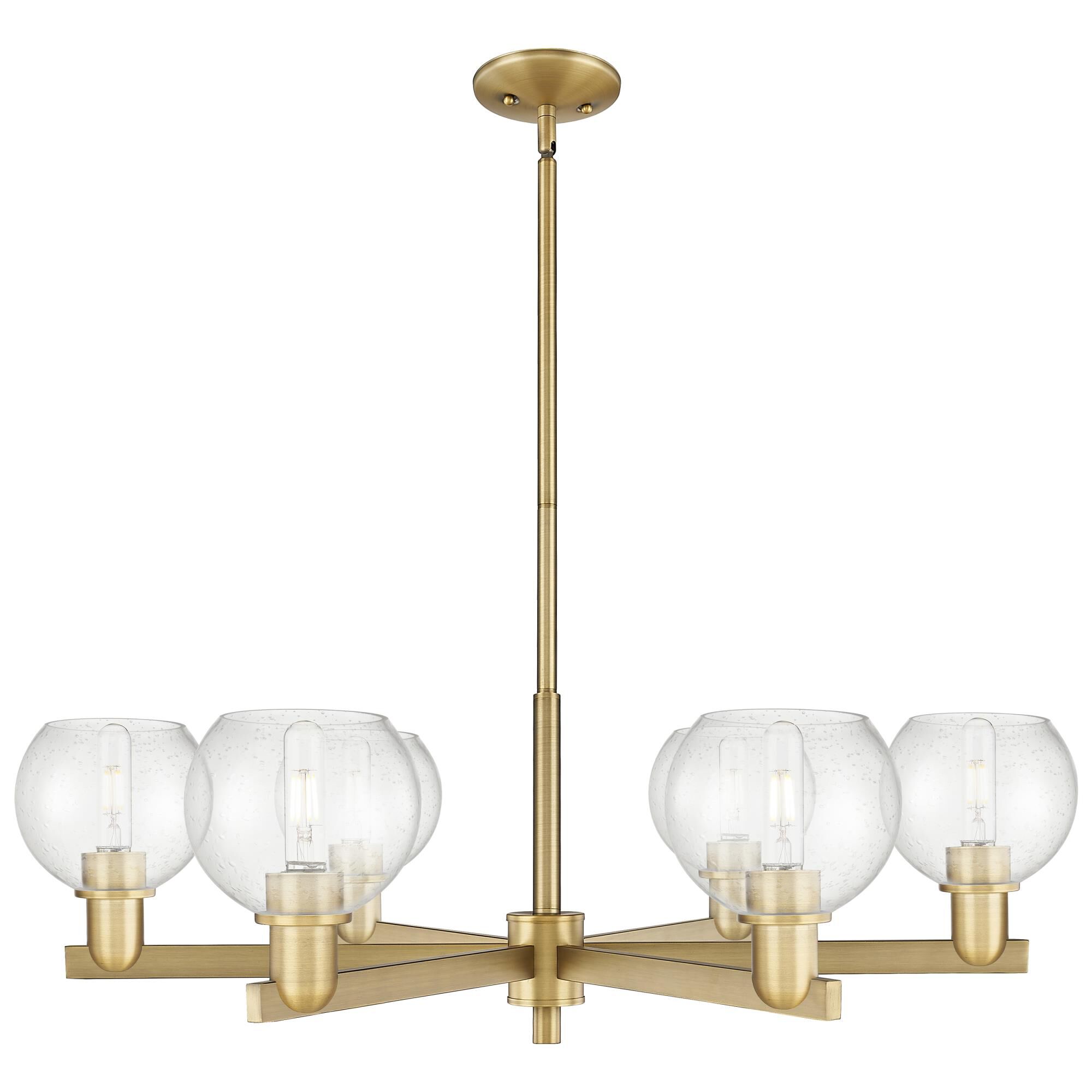 Shown in Brushed Brass finish and Seedy glass