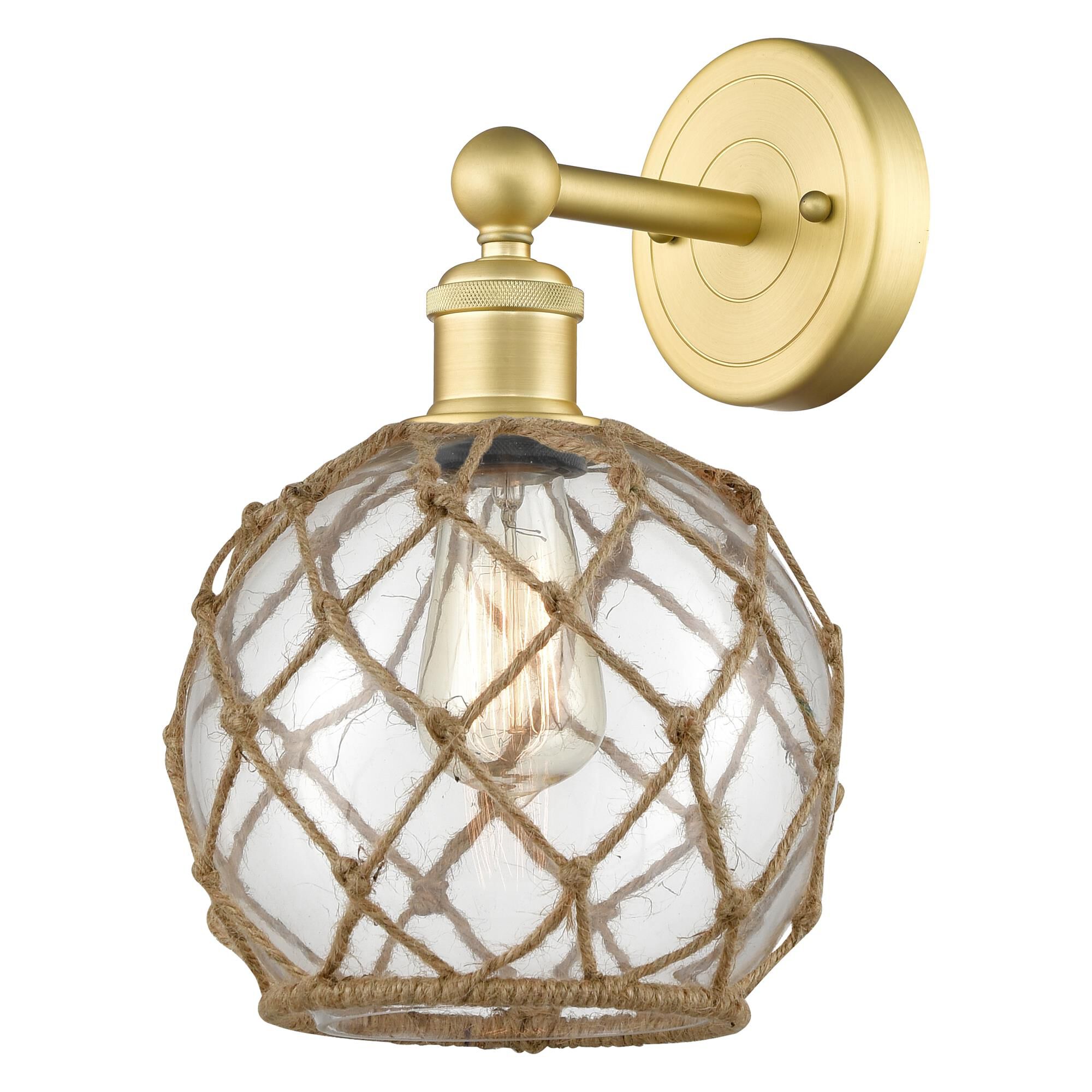 Shown in Satin Gold finish and Clear with Brown Rope glass