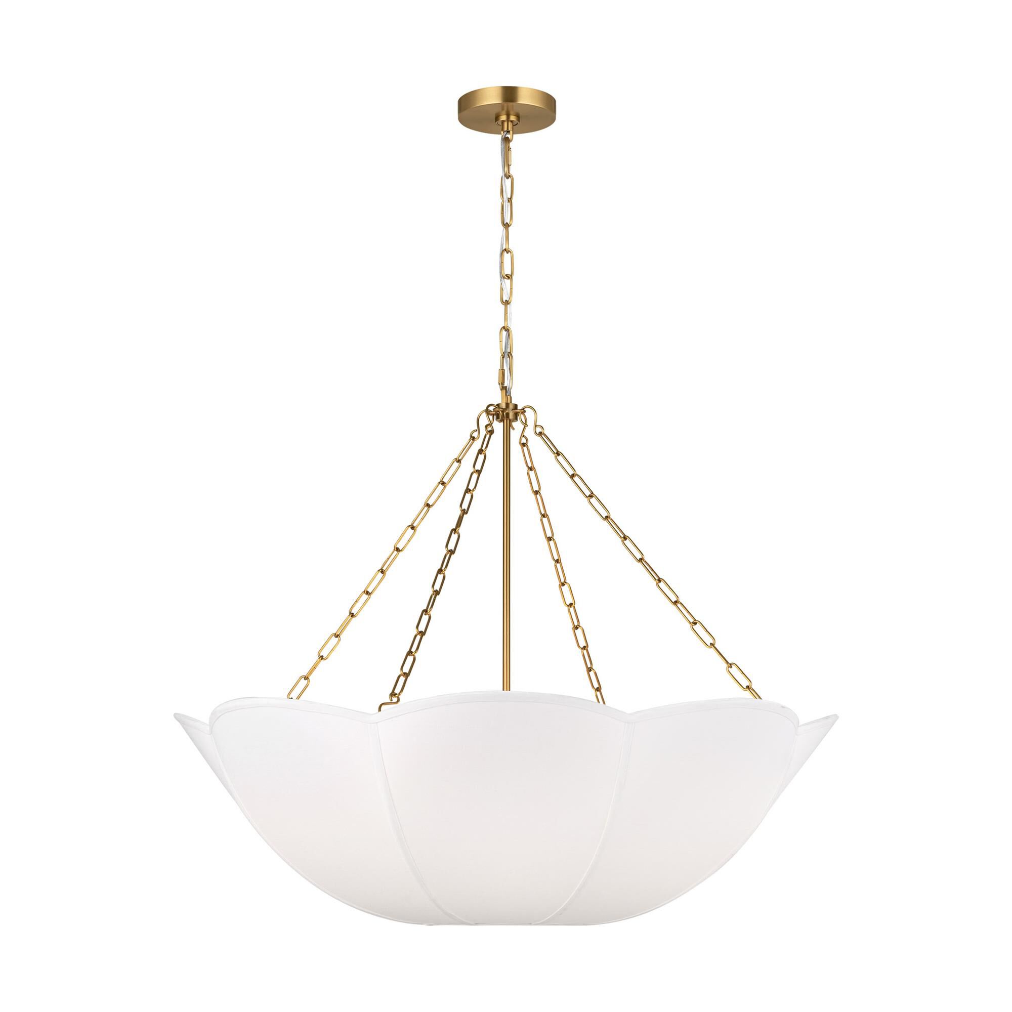 Shown in Burnished Brass finish and White Linen shade