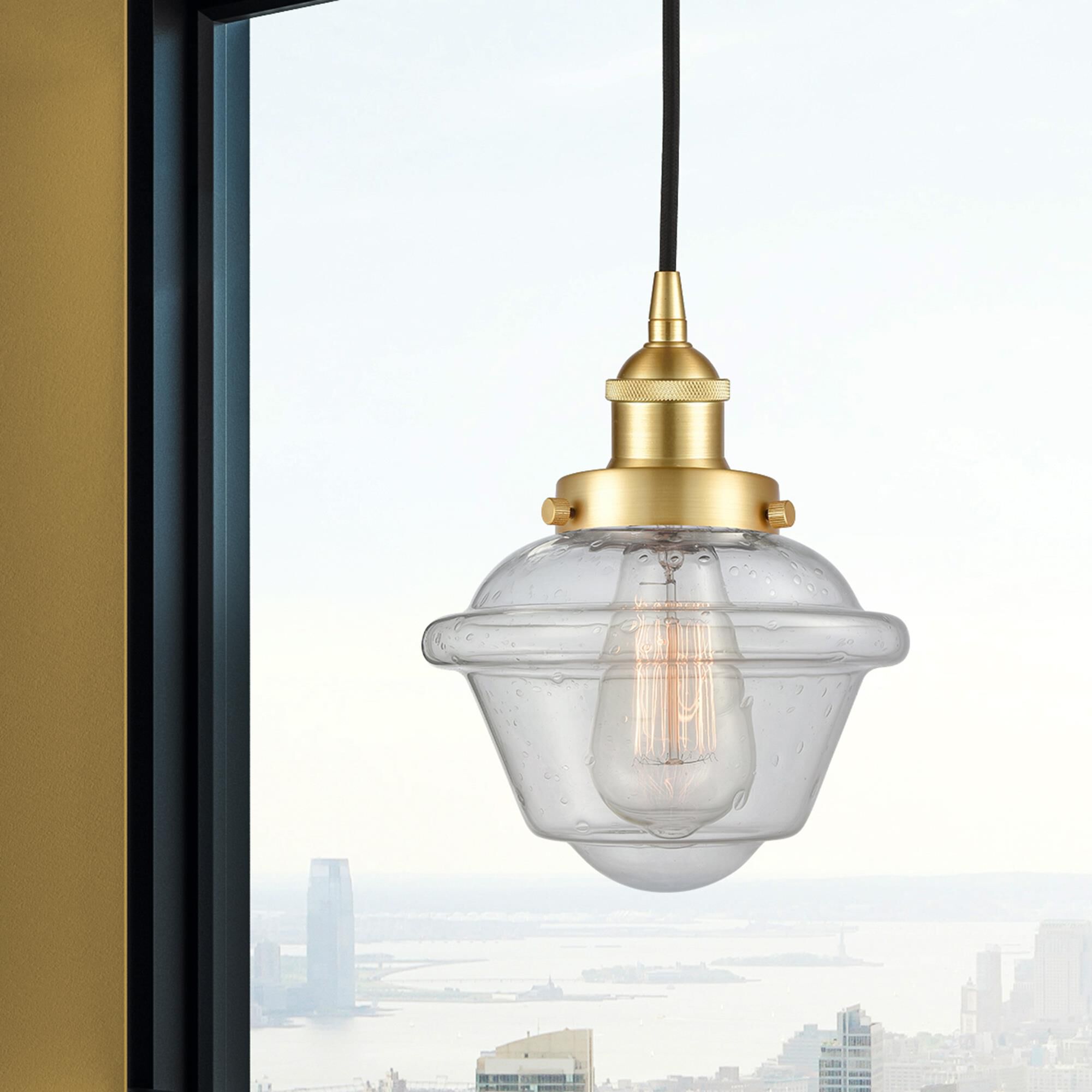 Shown in Satin Gold finish and Seedy Small Oxford glass