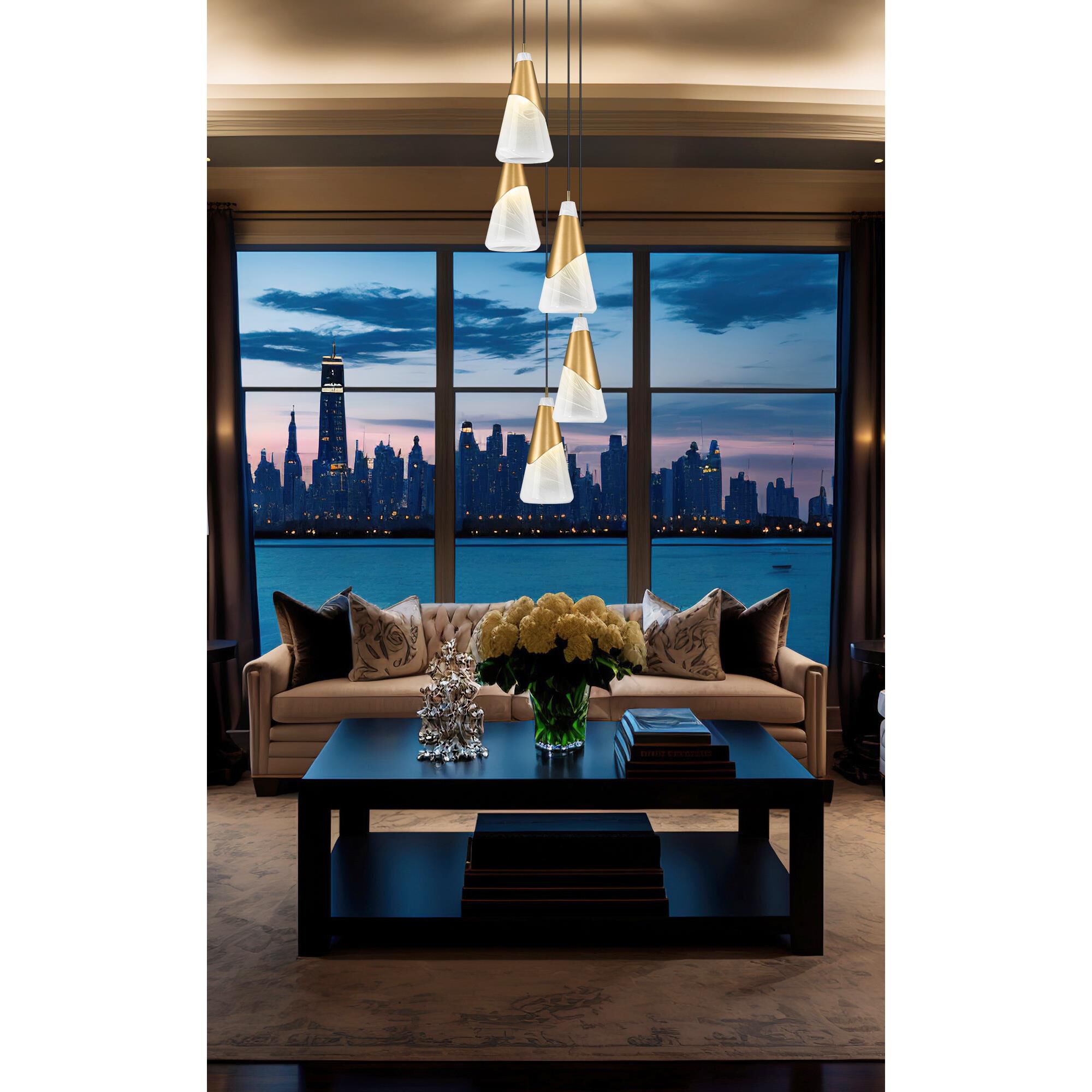 Shown in Modern Gold finish and White Swirl glass and White Swirl shade