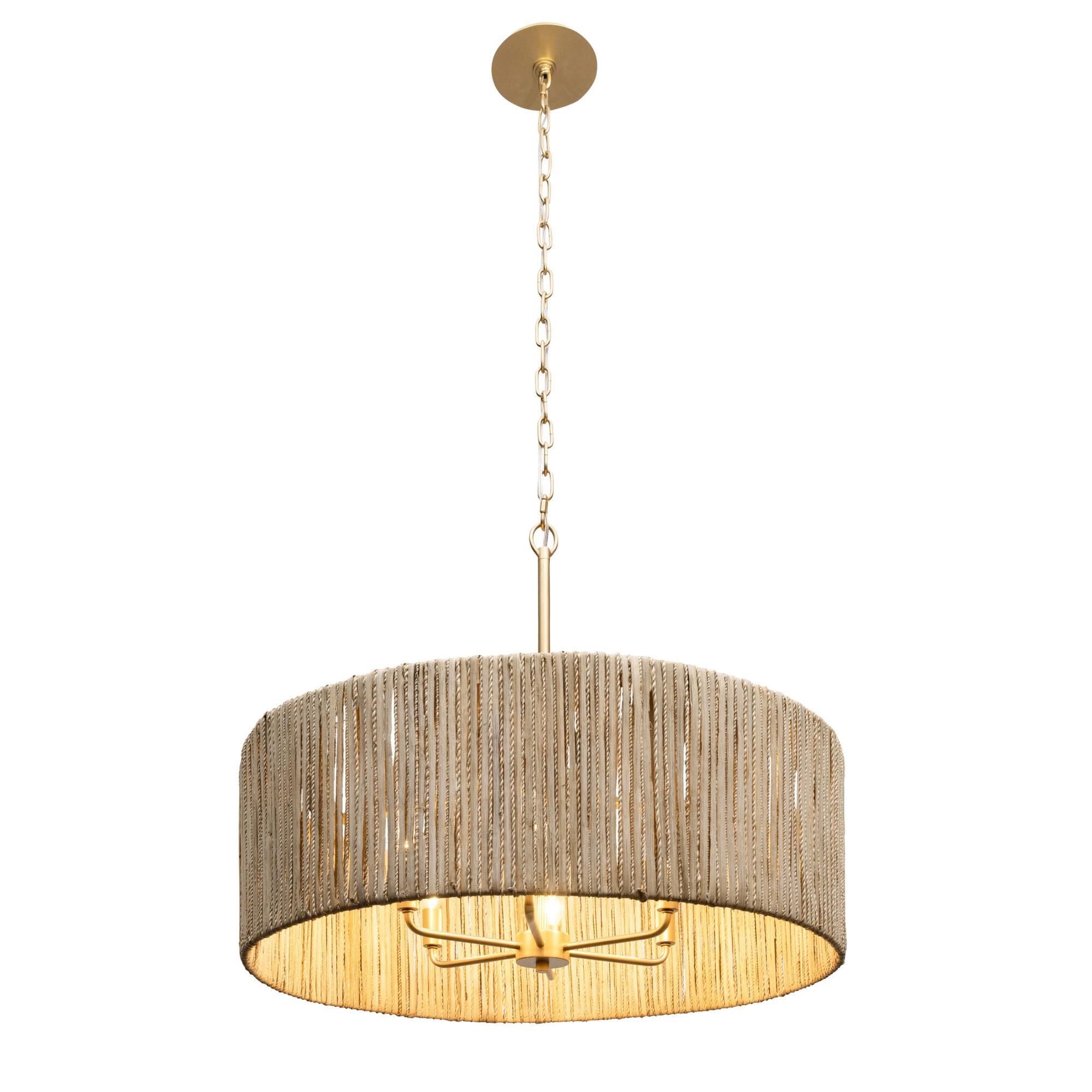 Shown in French Gold finish and Natural Rattan And Abaca Rope shade
